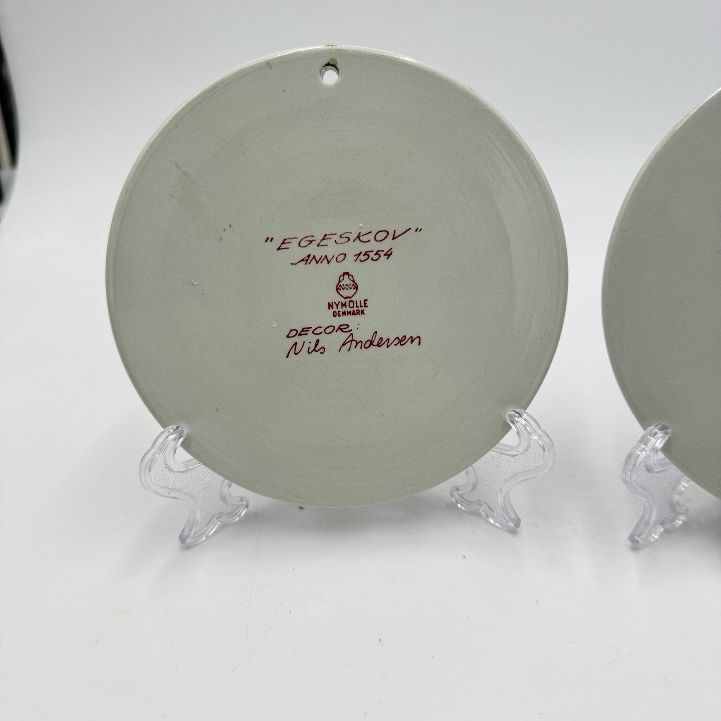 Vintage NYMØLLE Pottery DENMARK Hand Painted Wall Round Red Tiles Pair