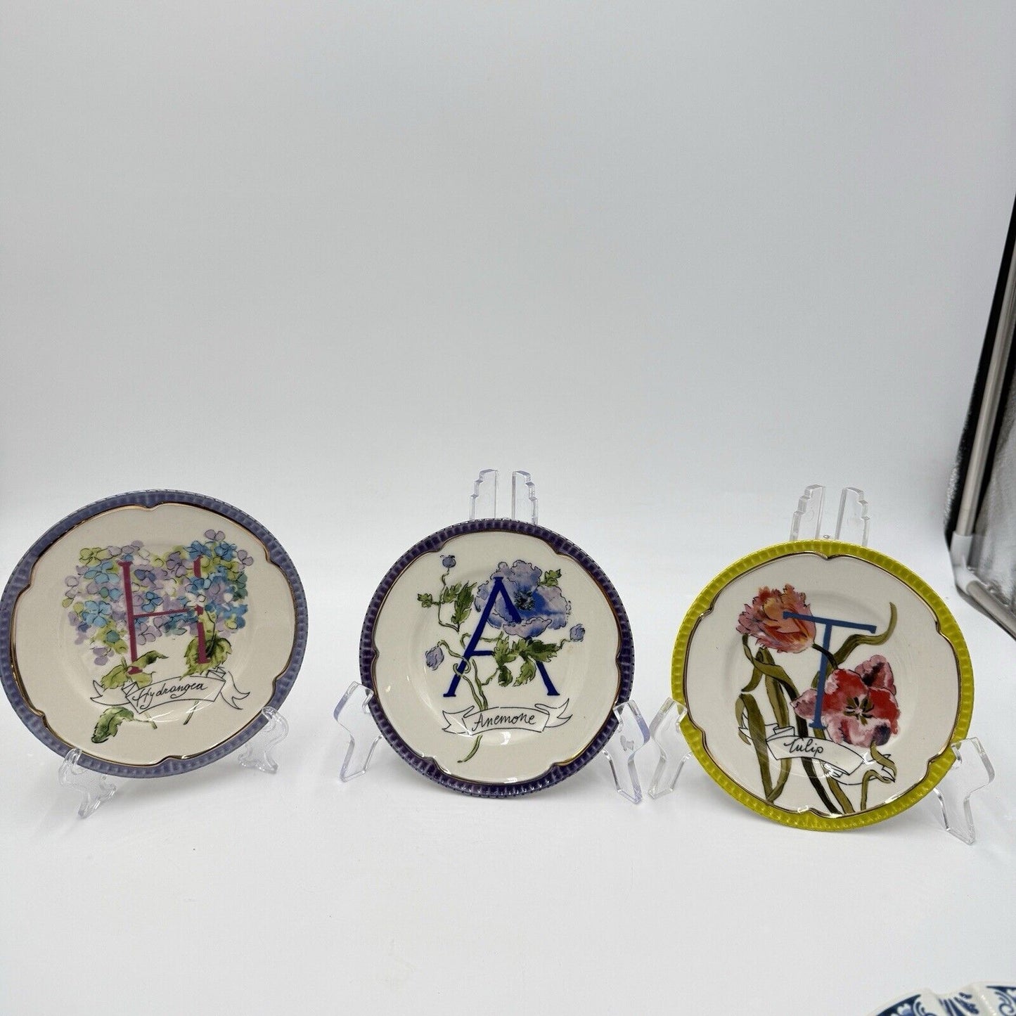 Anthropologie Eyewanderer Monogram Letters H A T Plates Set 3 Floral 6”