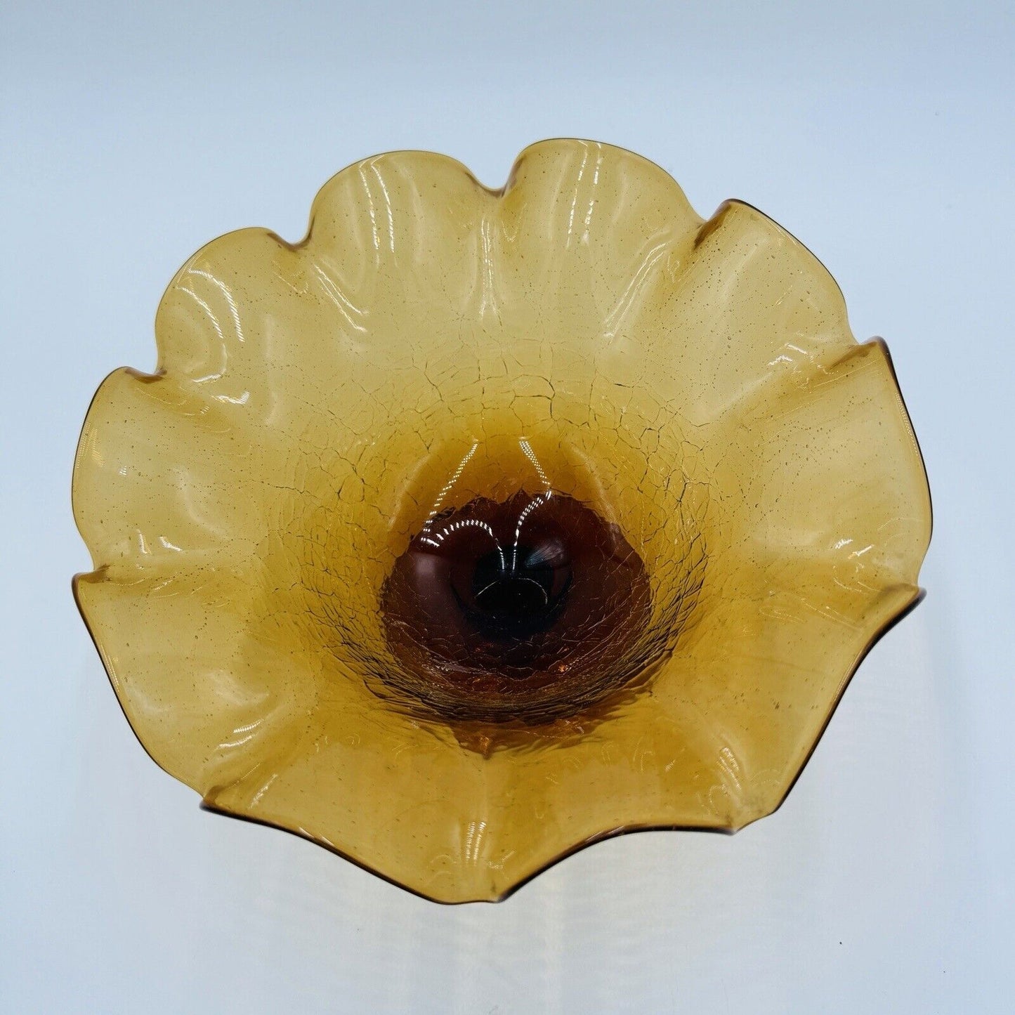 Blenko Art Glass Amberina Footed Vase Ruffled Crackled Compote 5.5in H x 9inW