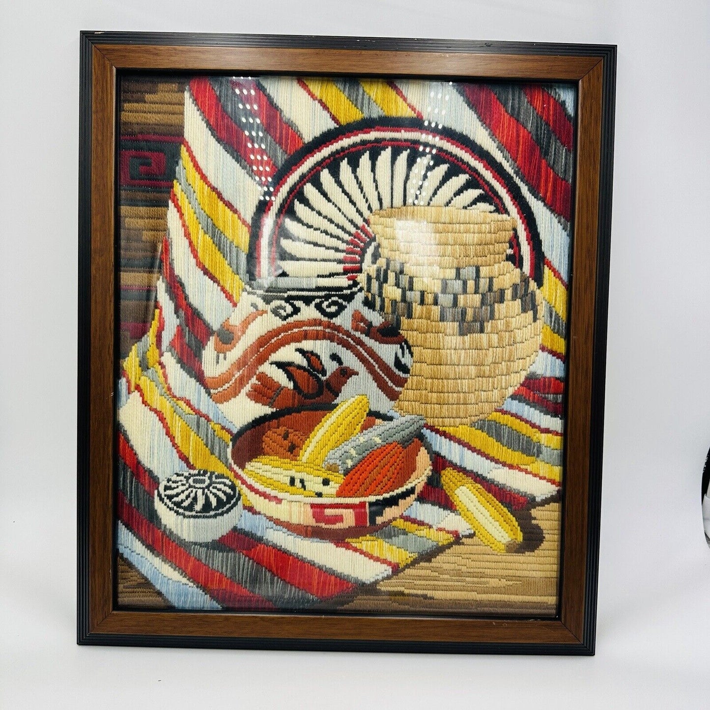 Rare Reinardy Native American Long-Stitch Needlepoint Basket Wall Art Framed