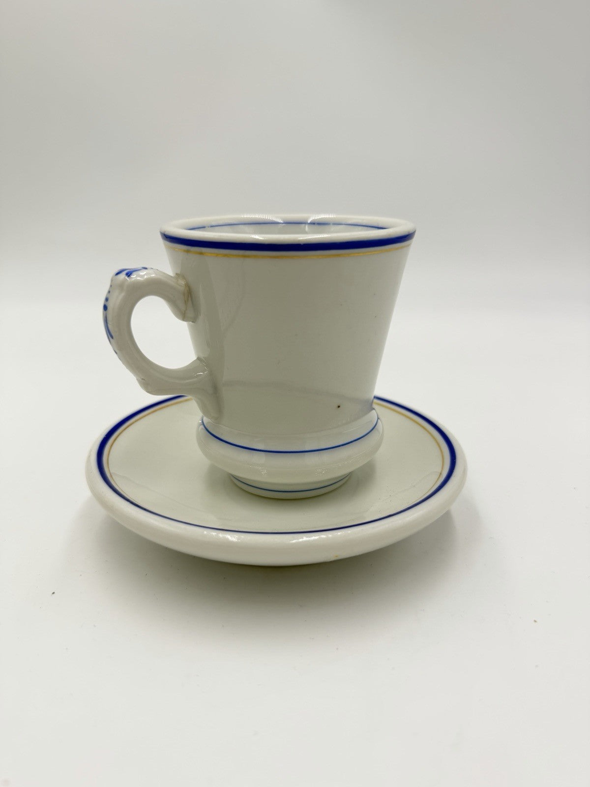 Antique French Brûlot coffee cup and saucer Porcelain White Blue Rim 1920's