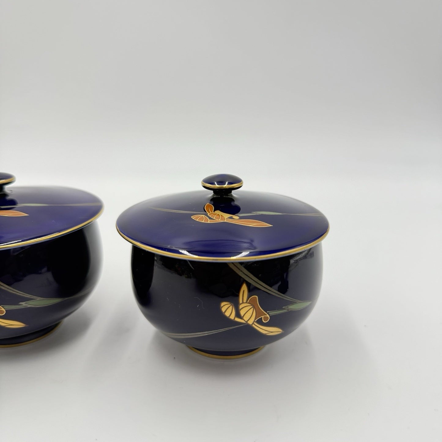 Arita Ware Retro Koransha Lapis Gold Tea Cups With Lid Blue Cobalt Porcelain