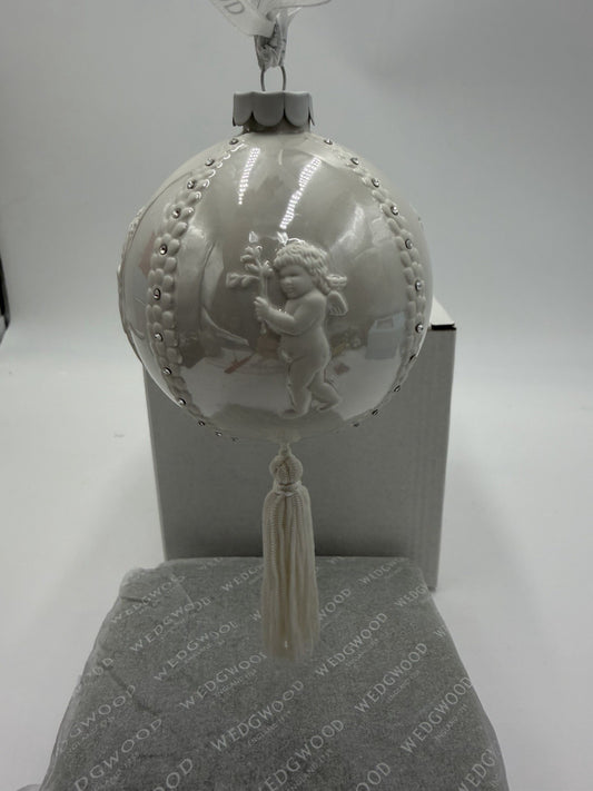 Wedgwood White Porcelain Jasperware Inlay Cameo Cherub Ball Christmas Ornament