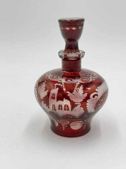 Vtg Egermann Bohemian ruby red art glass cut decanter Czech Republic 5”H W/lid