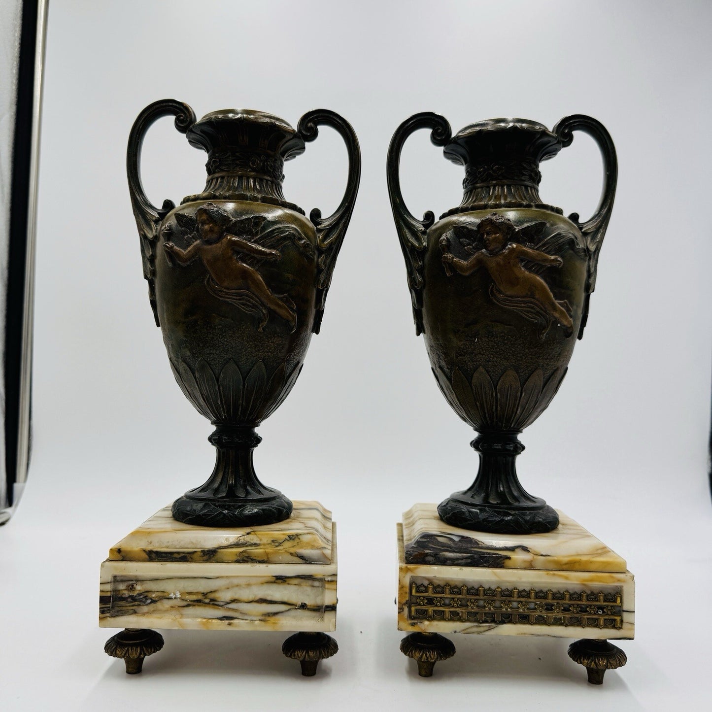 French metal vases rare 1800s Chateau ornate chimney cherubs marble base 13.5in