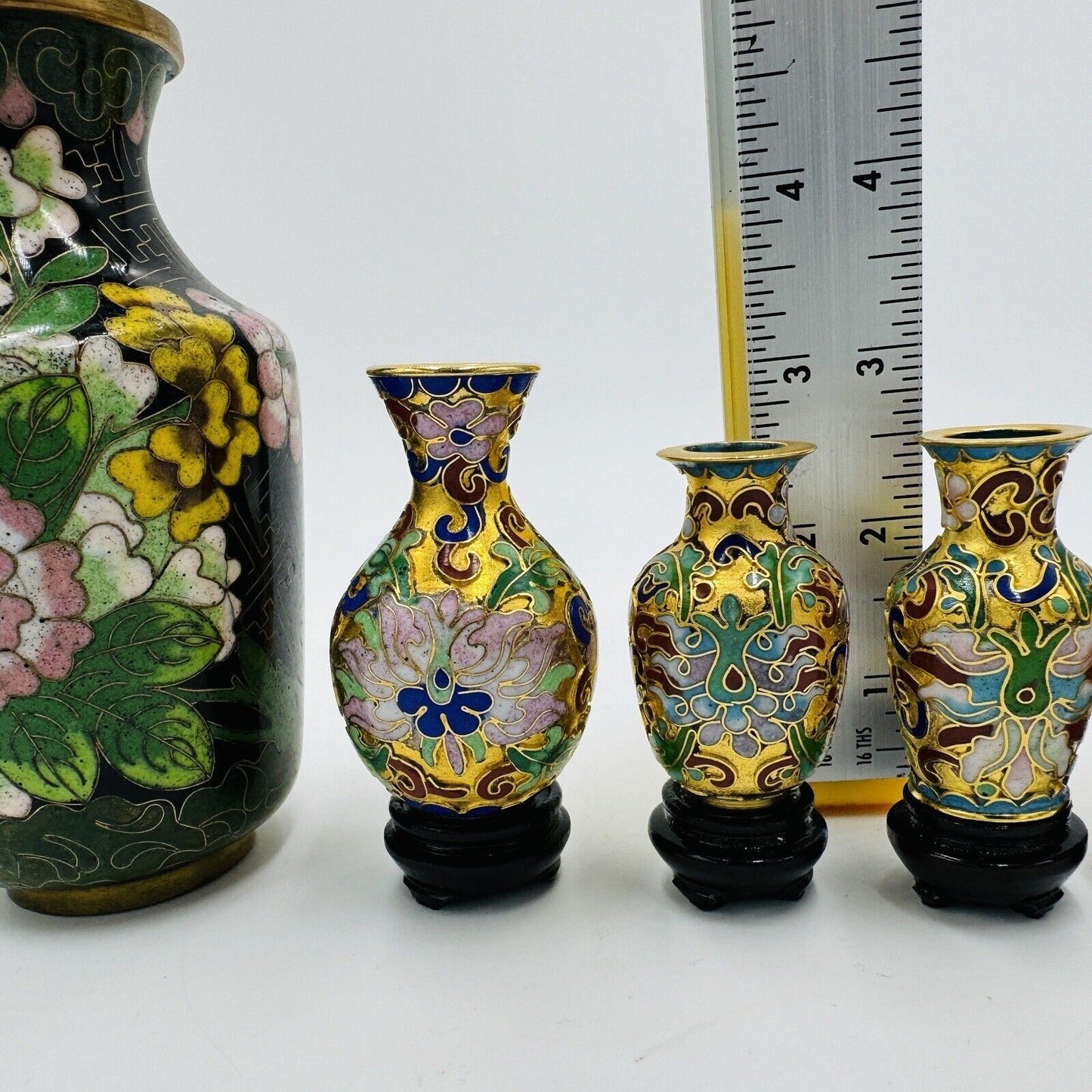 Vintage Cloisonné Enamel Mini Vases Set 6 Pieces Floral