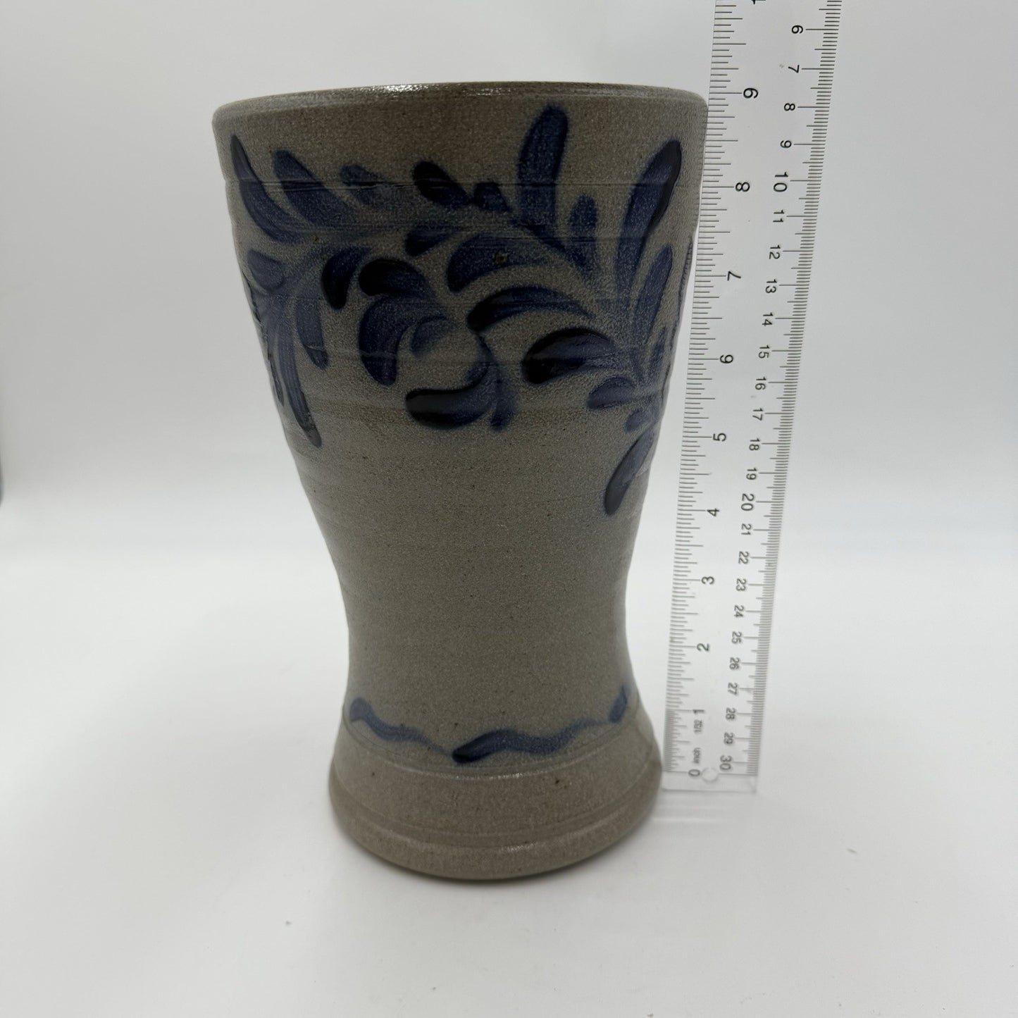 1995 Rowe Pottery Works Stoneware Blue Leaves Design Salt Glaze Flower Vase 9”