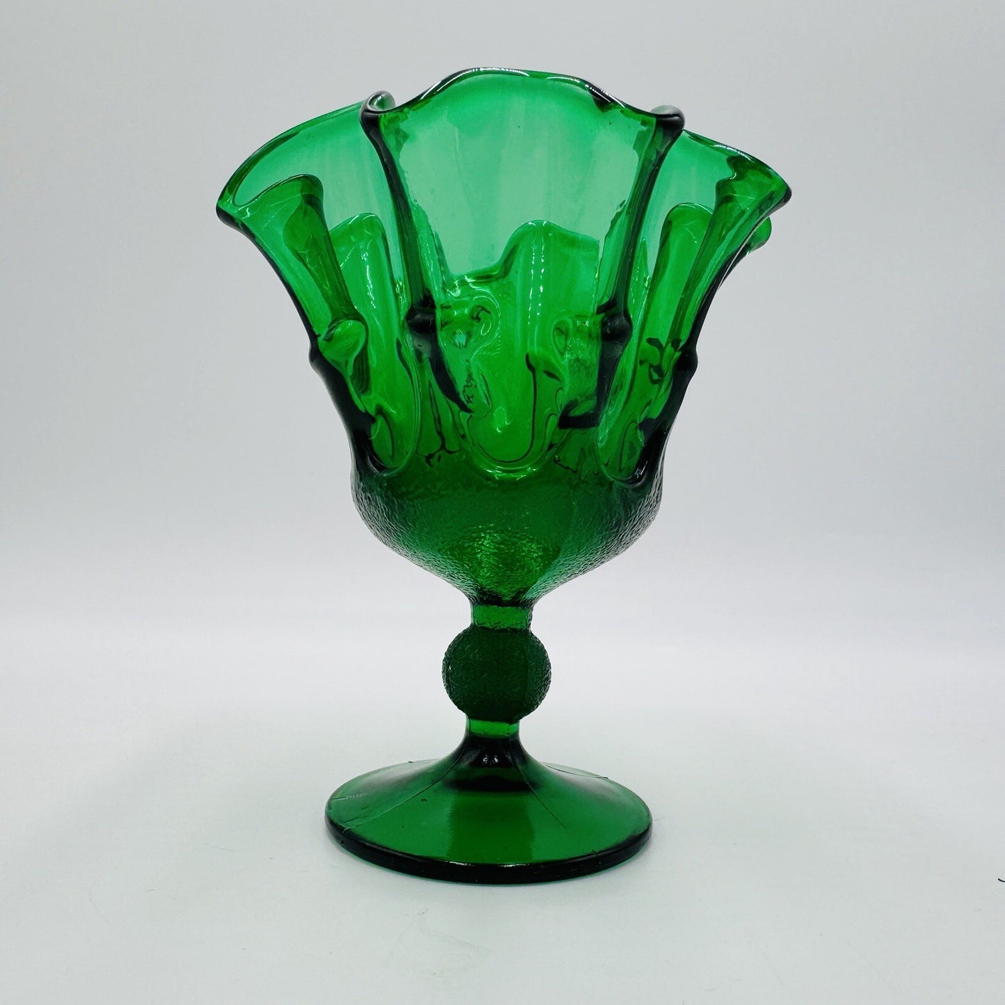 MCM Stelvia Emerald Green Art Glass Ruffled Compote Wayne Husted 6in