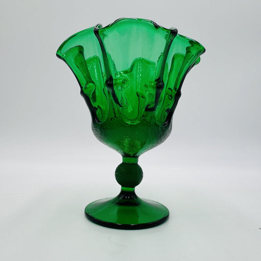 MCM Stelvia Emerald Green Art Glass Ruffled Compote Wayne Husted 6in