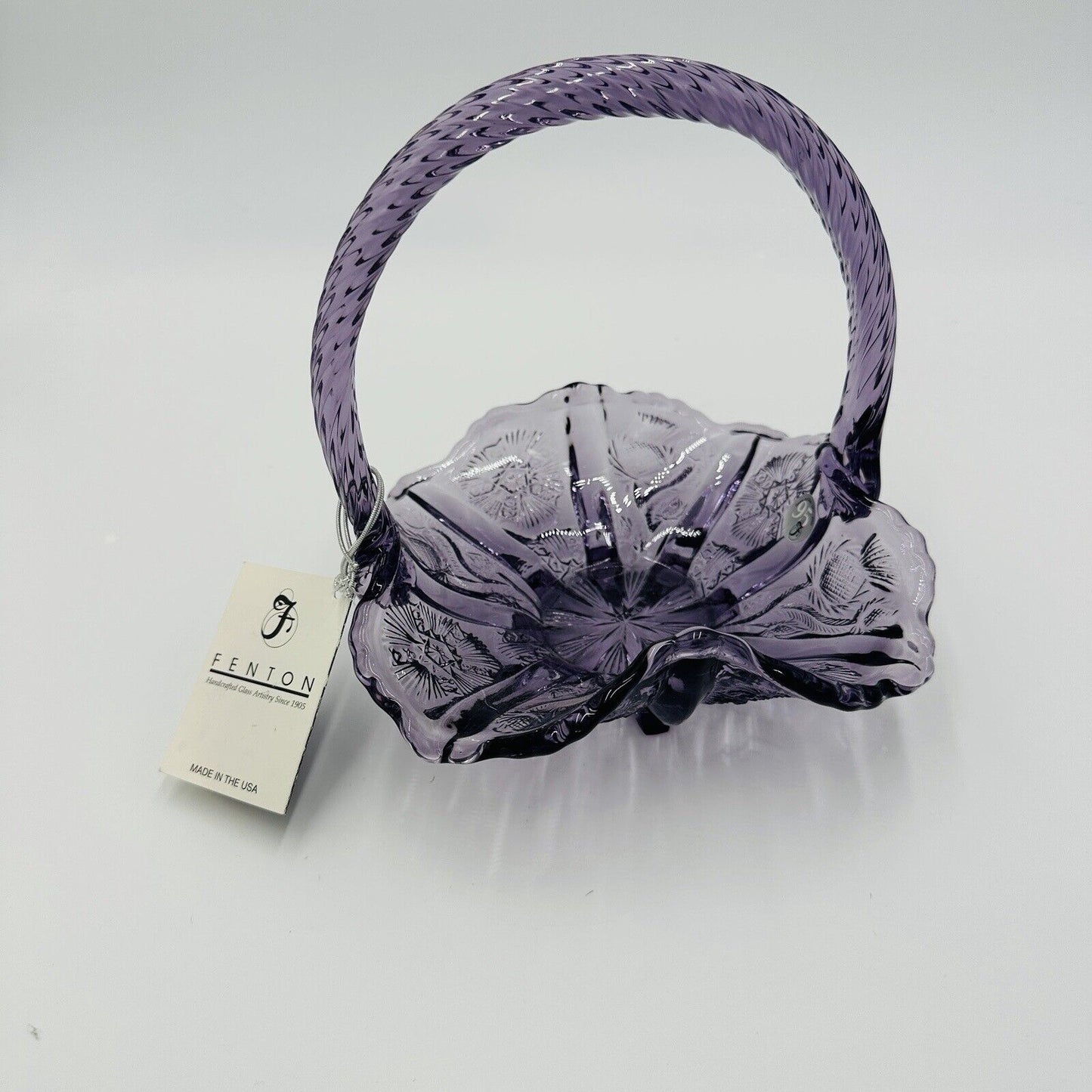 Fenton Basket 95th Anniversary Amethyst Thistle Pattern Home Decor Tags USA