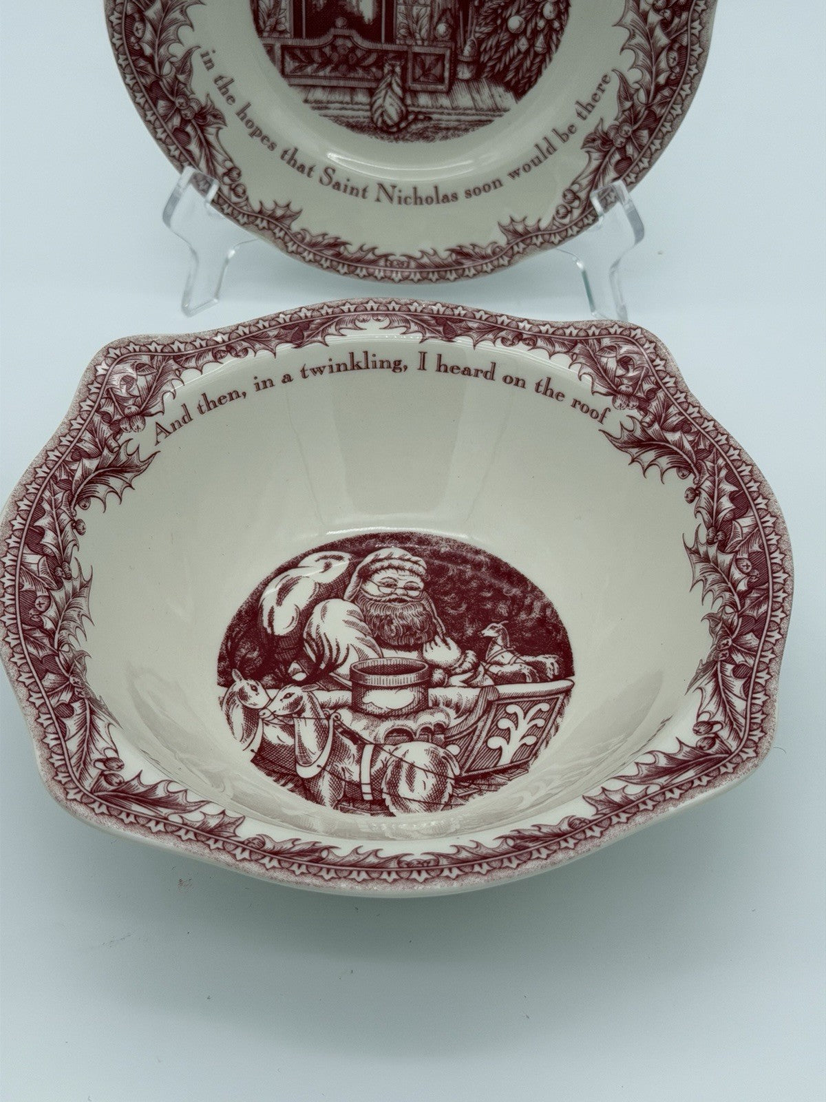 Johnson Brothers England Porcelain Twas The Night Dessert Plate & Bowl Set Red