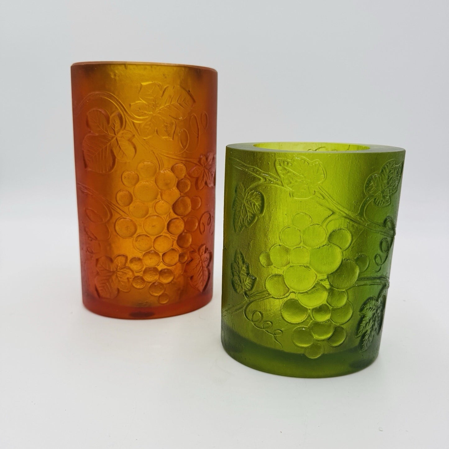MCM Sascha Brastoff Candle Holder Vase Signed Green Amber Embossed Fruit
