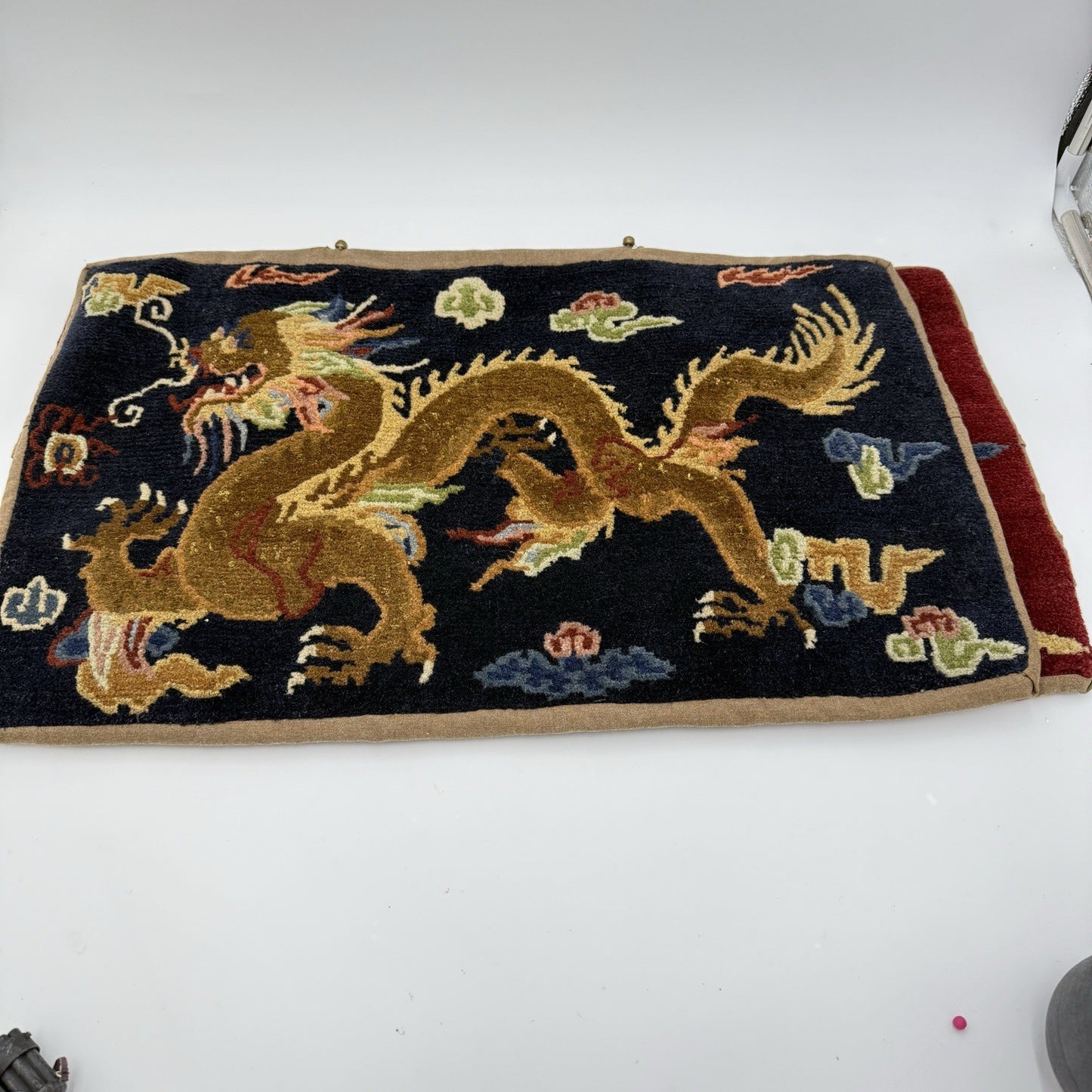 Vintage Art Deco Hand Woven Wool Dragon Chinese Throw Pillow Cases Blue and Red