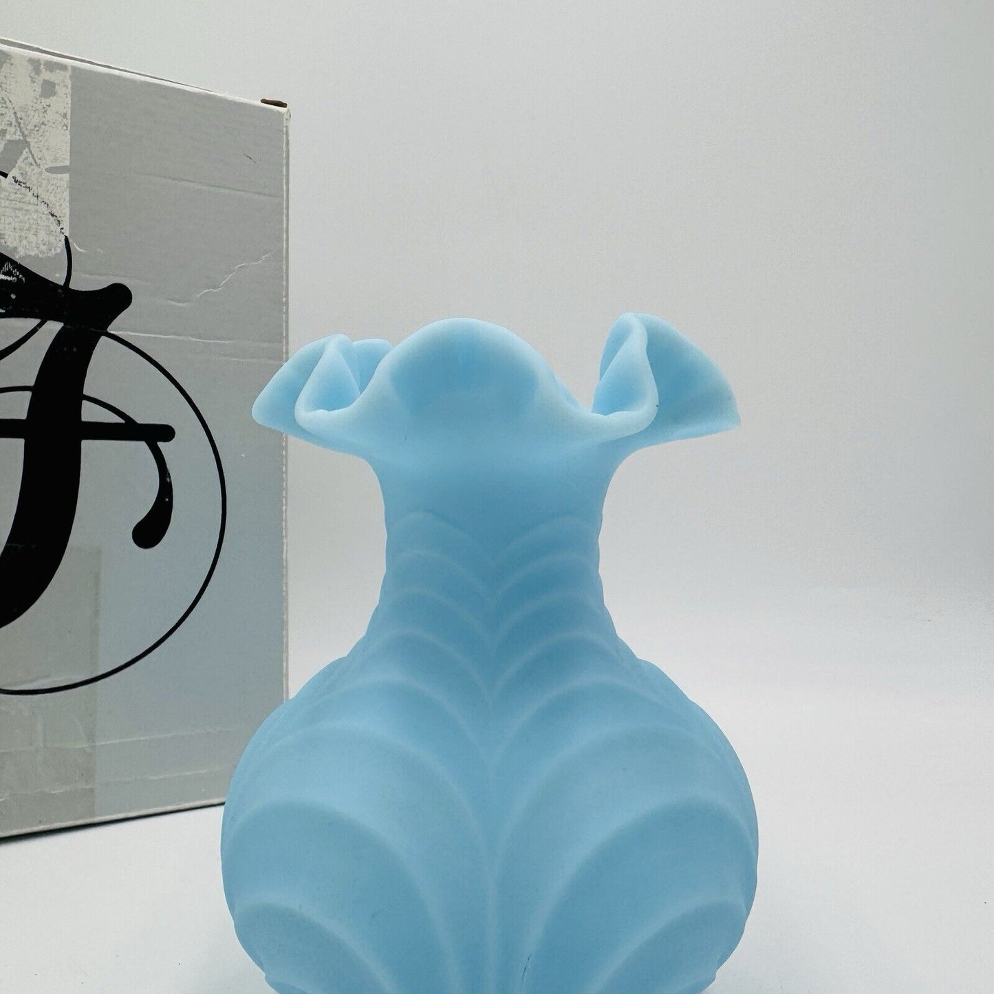Fenton Draped Blue Satin Glass Vase Vintage Art Glass Ruffled Edge Drapery 8in