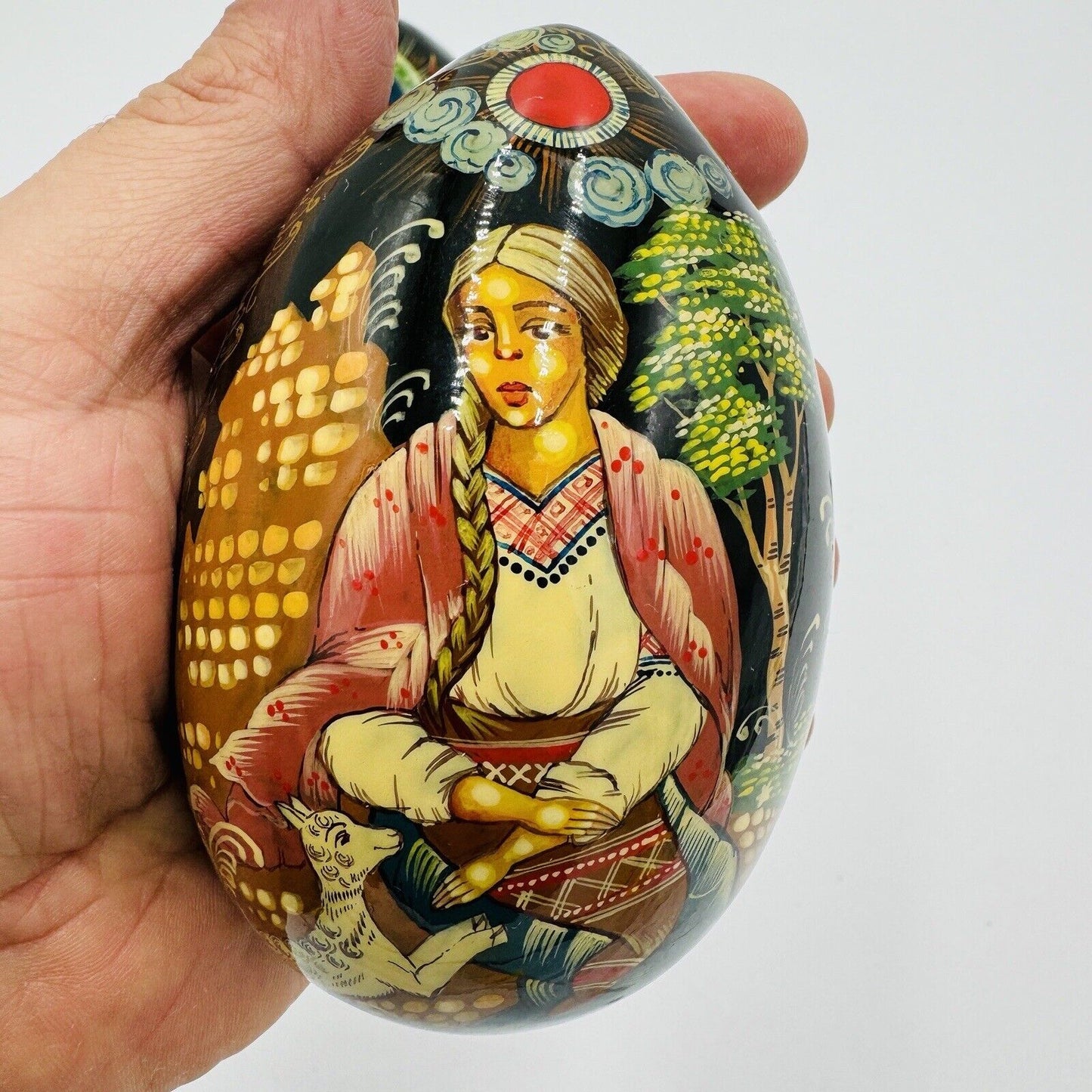 Mockba Hand Painted Easter Egg Wooden Folk Art 4.5in Signed Vintage