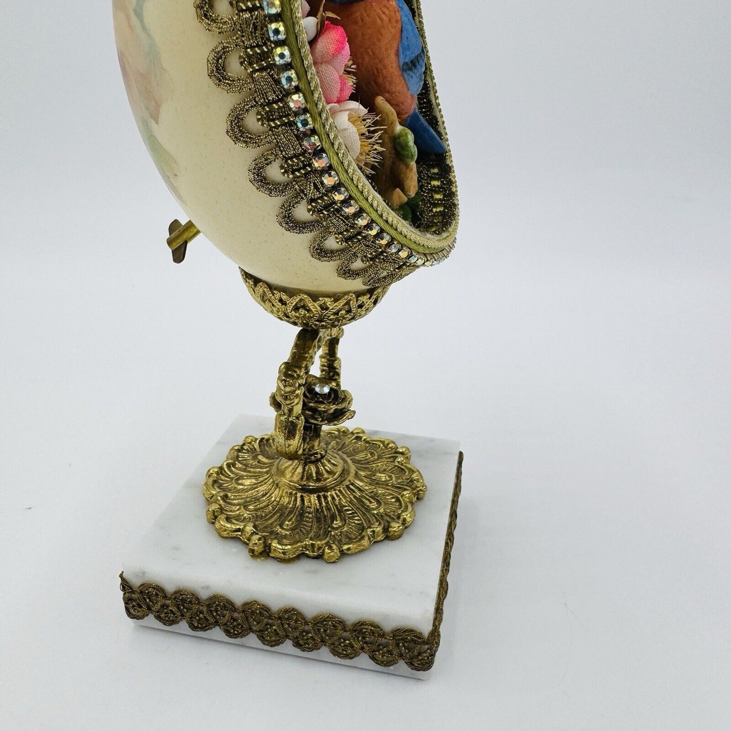 Vintage Ostrich Egg Ornate Hand Decorated Brass & Marble Base Green Velvet Lined