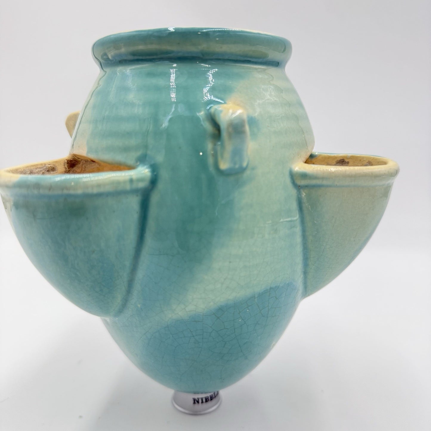 Roseville Art Pottery Ixia Art Deco 1937 hanging pocket planter turquoise 6”