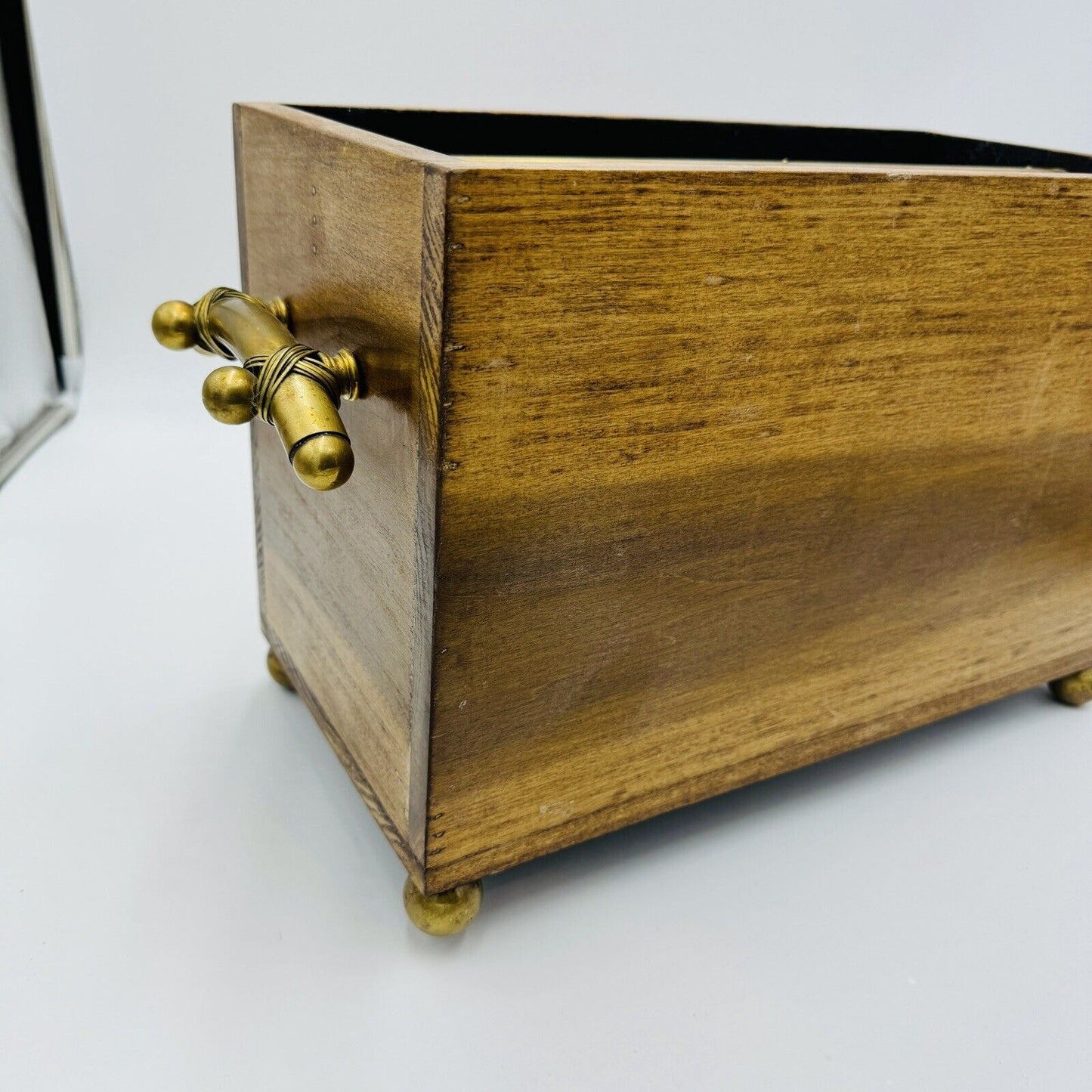Magazine Holder Brass Handles Vintage Solid Wood Hollywood Regency Storage Decor