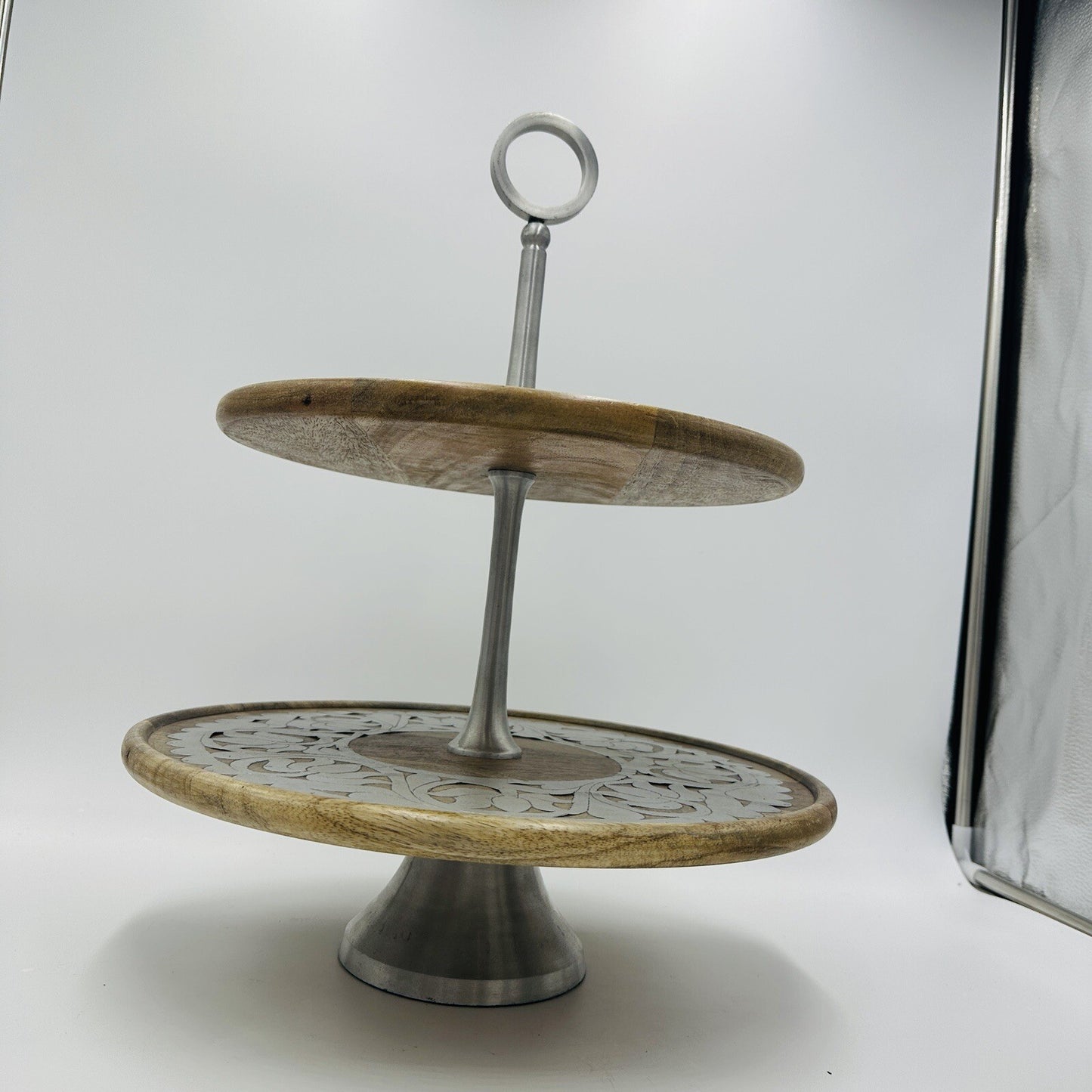 Rajasthan Artisans Cake Stand Brown 2 Tier Wood 17in H Farmhouse Country