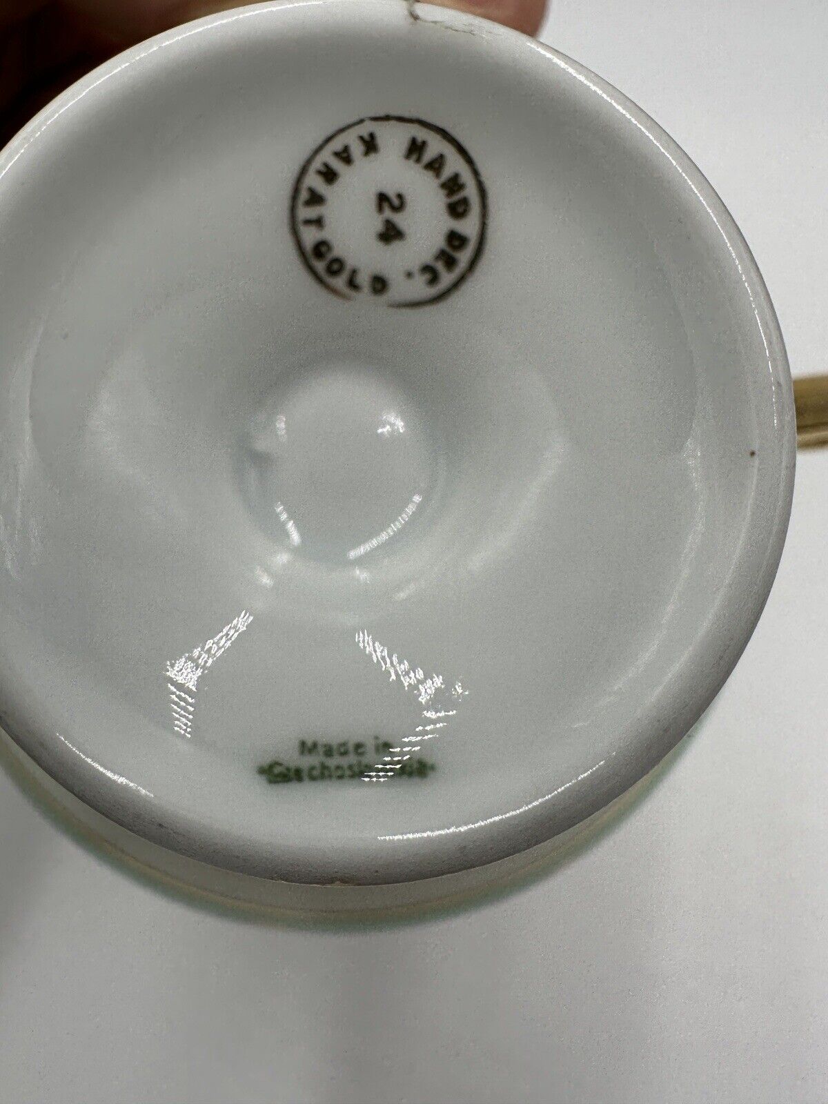 Czchoslovakia Bohemia Teacup Footed 24K Gold Encrusted Green Serveware Porcelai