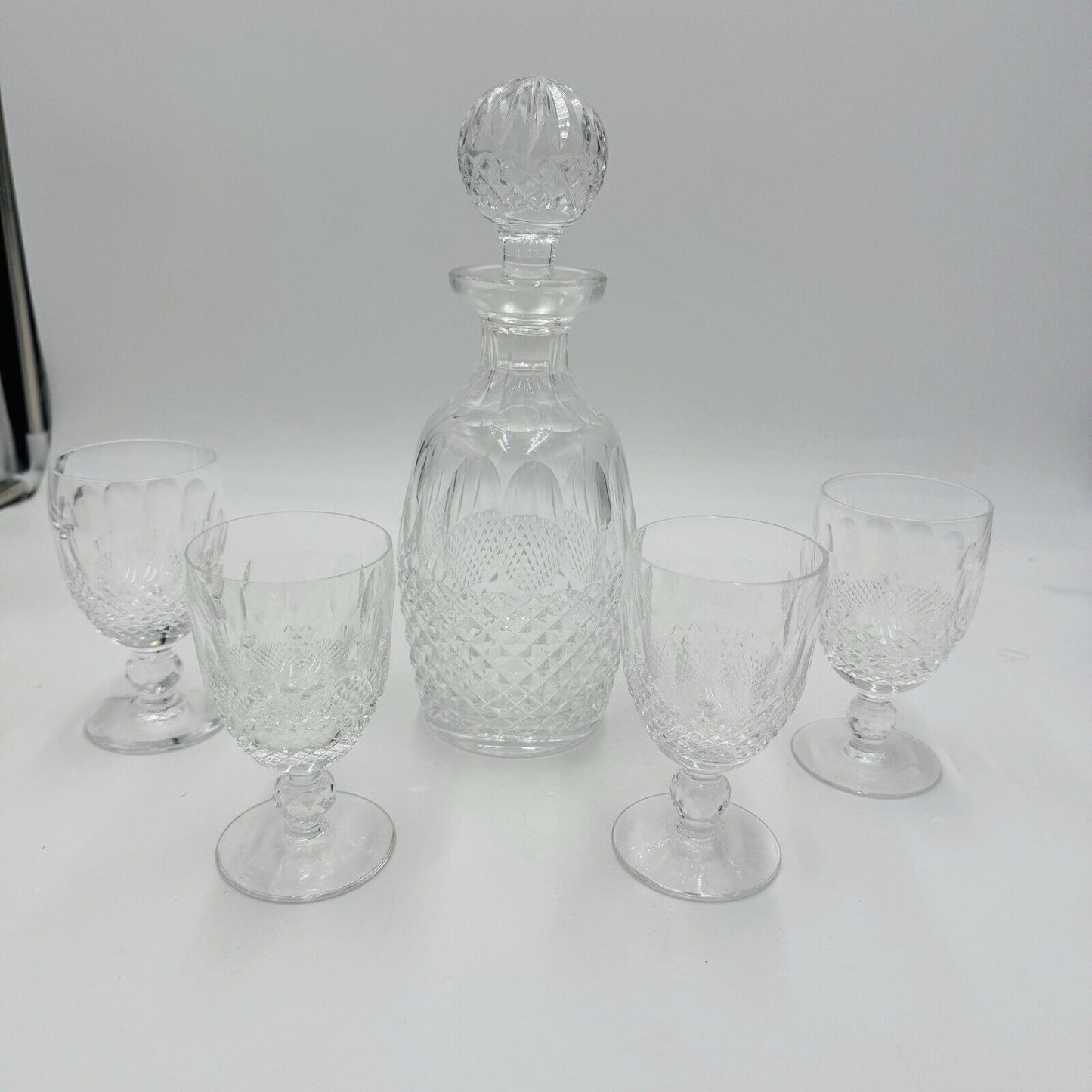 Waterford crystal colleen pattern decanter & 4 claret wine glasses Irish Clear