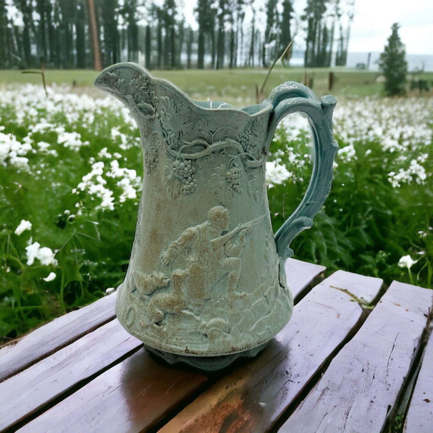 Parian Ware Relief Jug Pitcher Large Green Pottery Embossed Grapes Antique