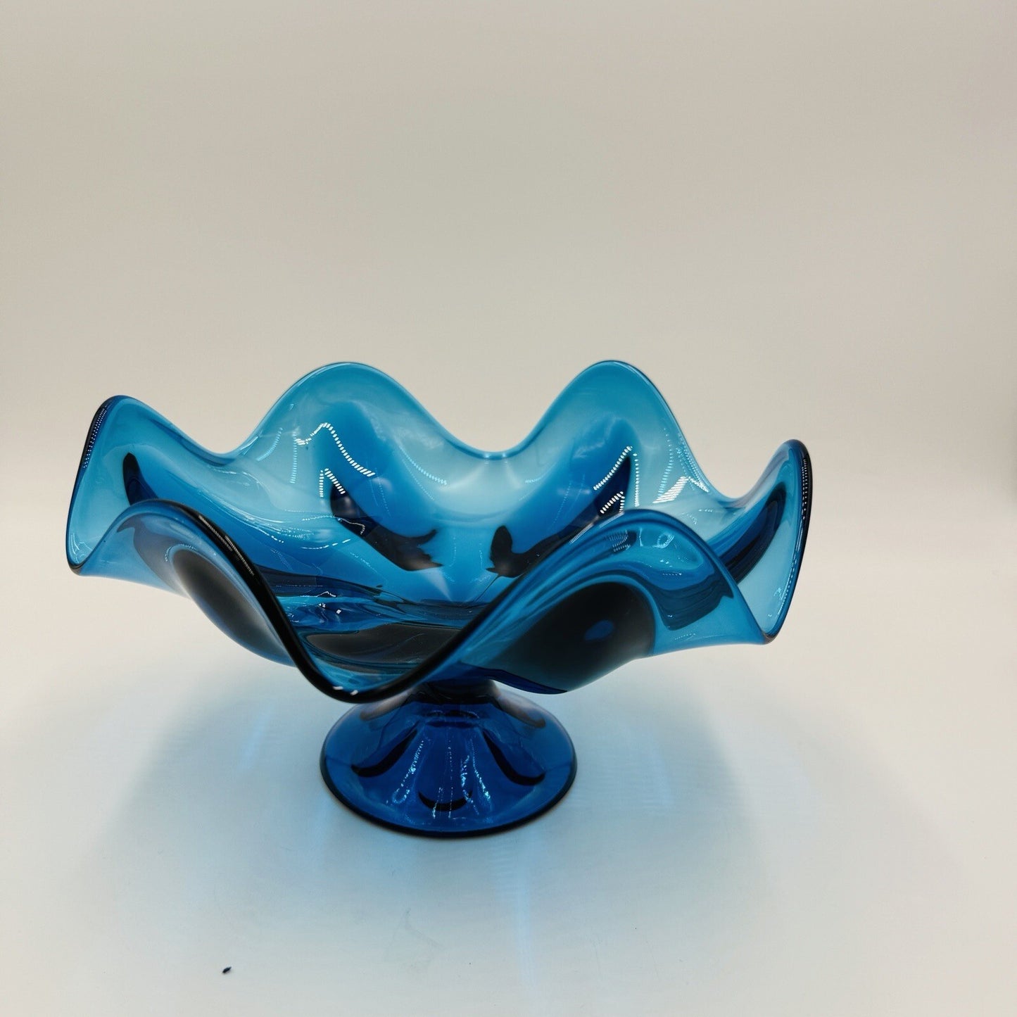 Viking Art Glass Teal Aqua Blue Pedestal Dish Compote Bowl Vintage Mid Century