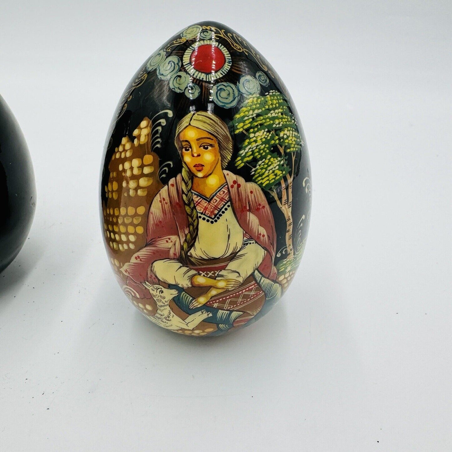 Mockba Hand Painted Easter Egg Wooden Folk Art 4.5in Signed Vintage