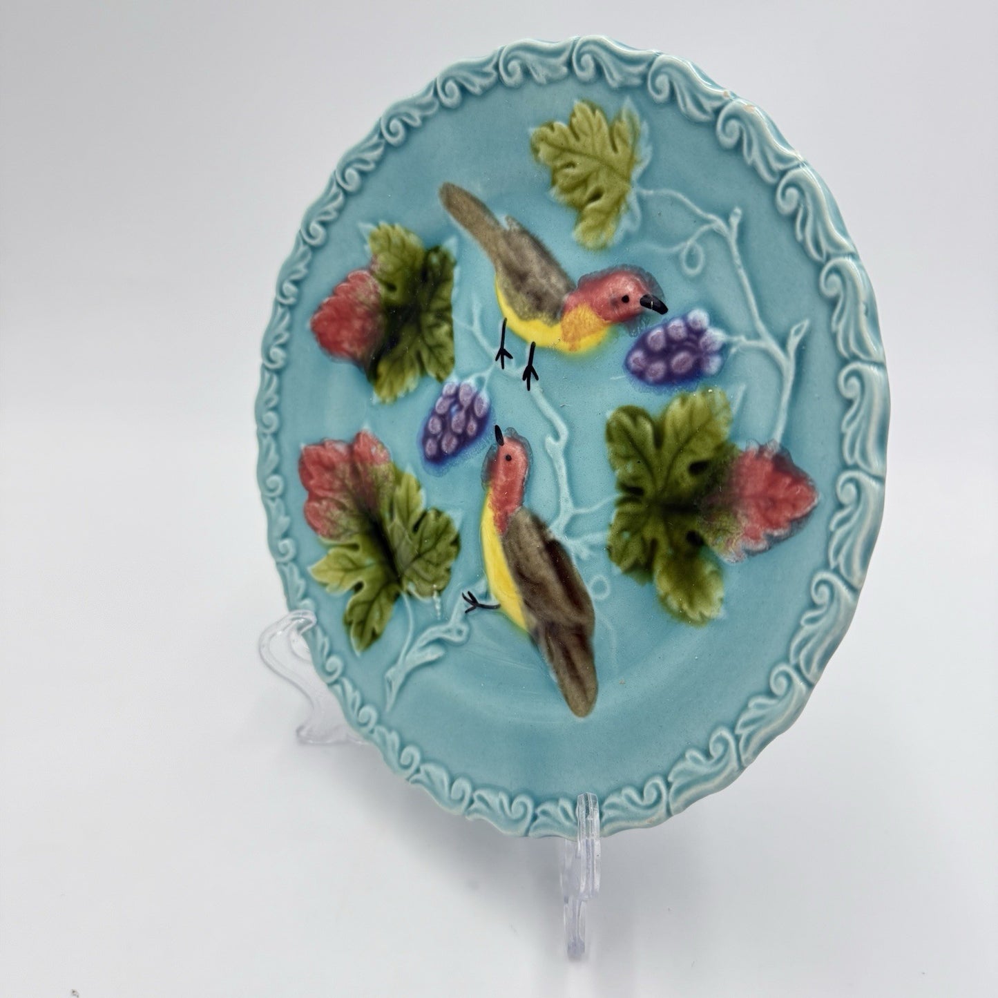 Antique 1920s Zell Germany Birds and Berries 6.5” Majolica, Turquoise Plate #230