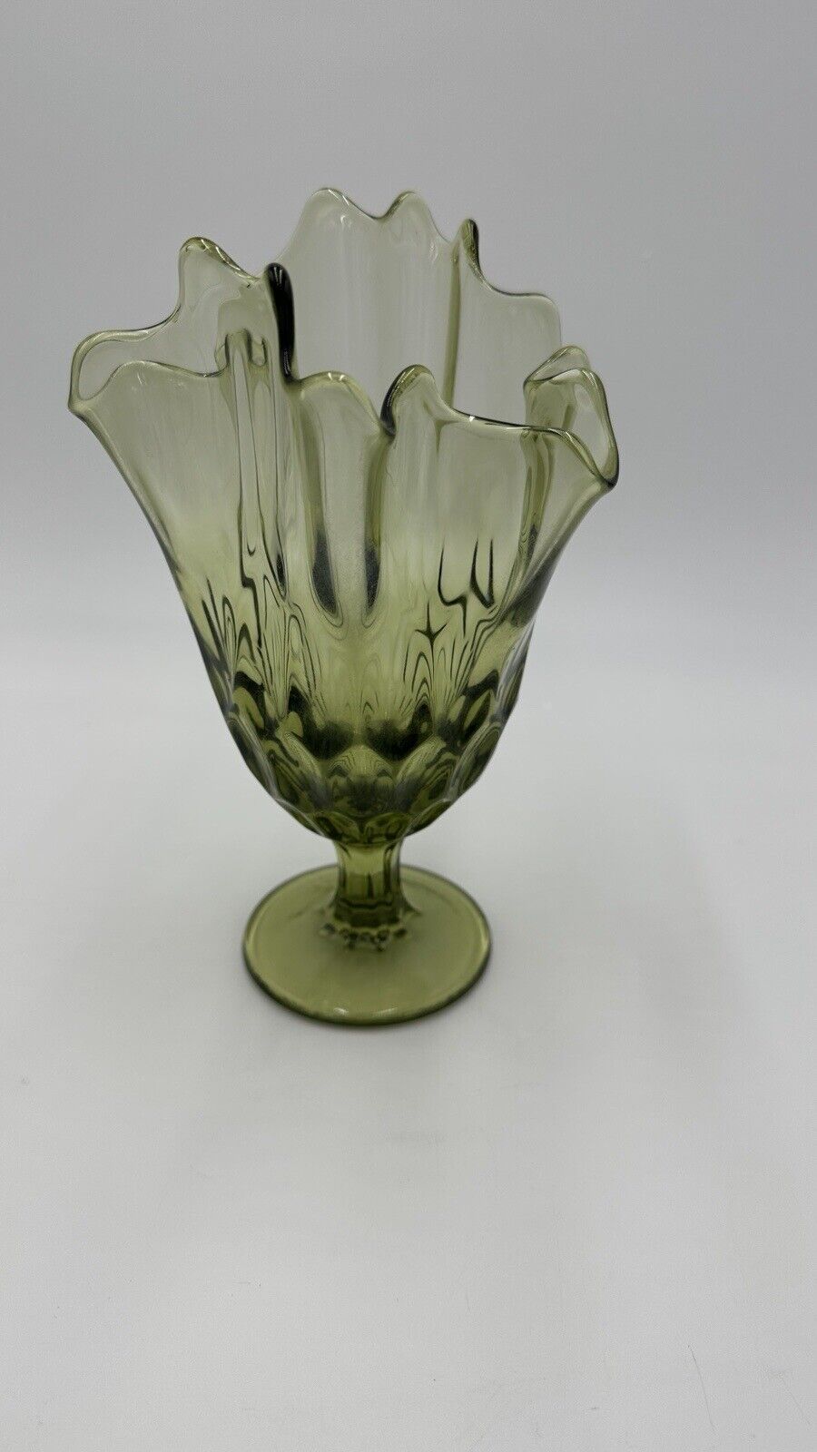 Fenton Vase Glass Colonial Green Thumbprint Handkerchief Compote Ruffled Art