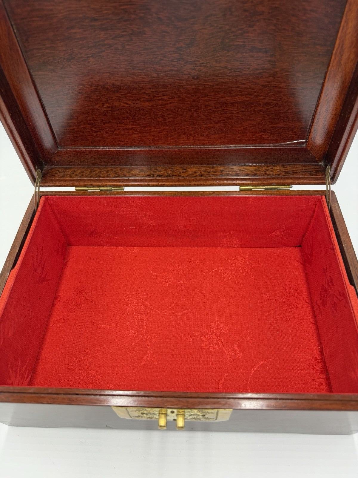 Vintage Chinese Jewelry Carved Rosewood Brass Accents Red Lining Jewelry Box