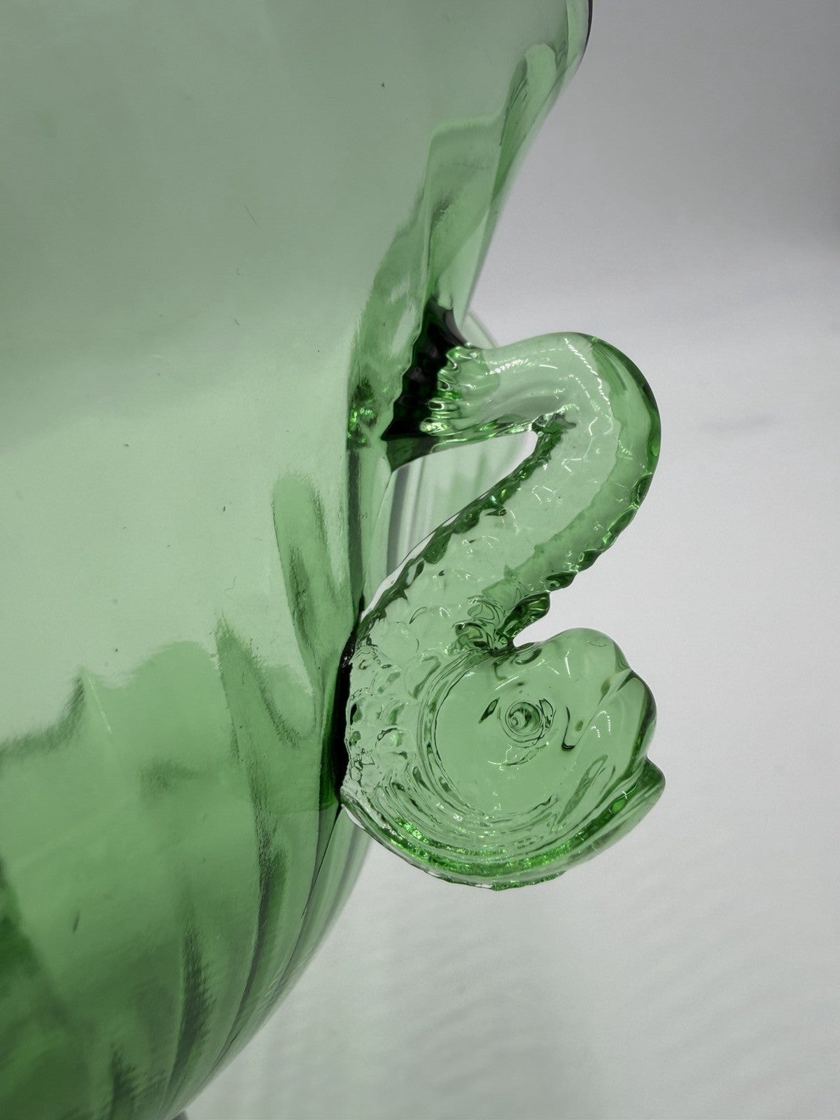 Rare Fenton Art Glass Green Emerald Scalloped Dolphin Art Deco Candy Bowl 3”x9”h