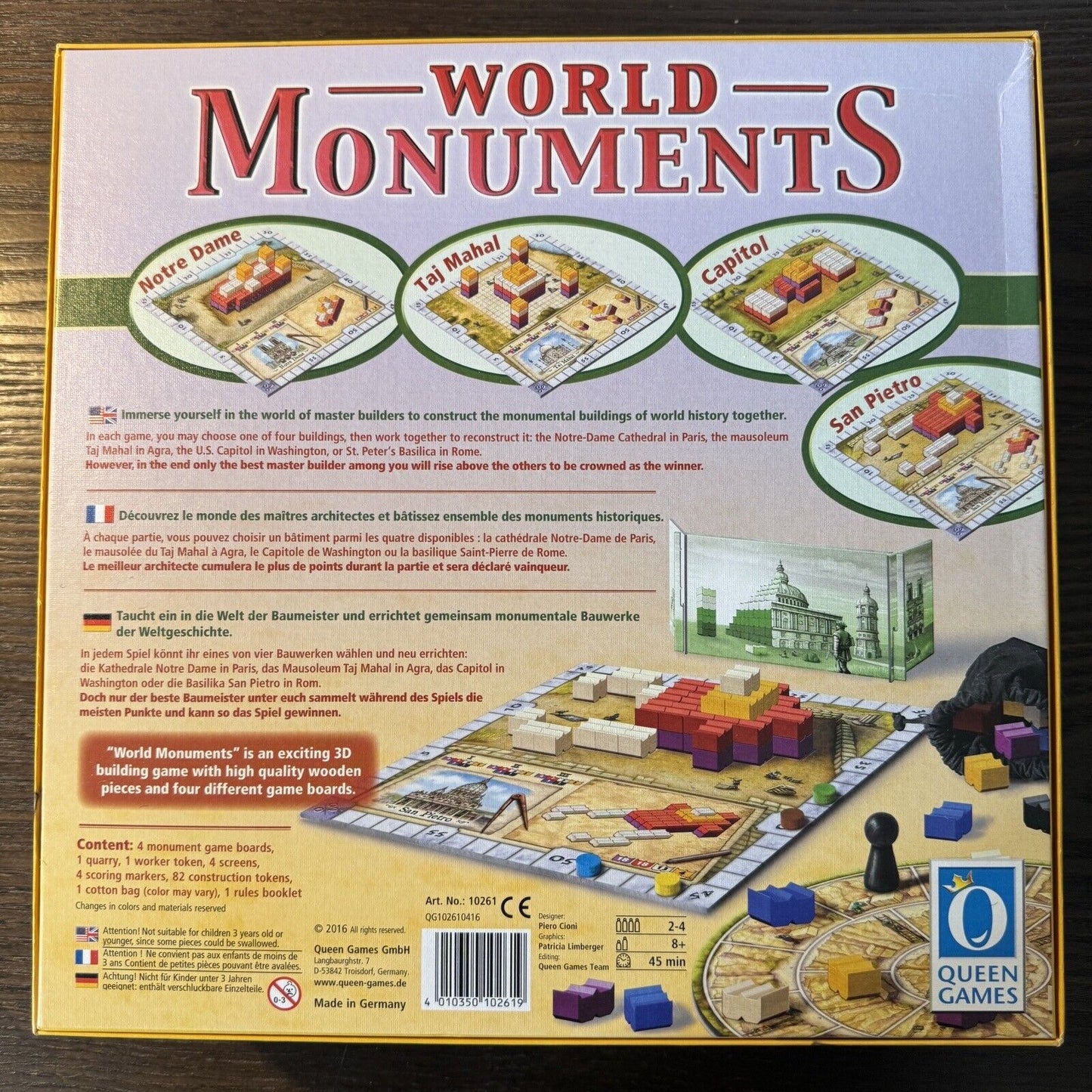 Queen Games World Monuments Piero Cioni 2016 Big Wooden Piece 2-4 Players Fun