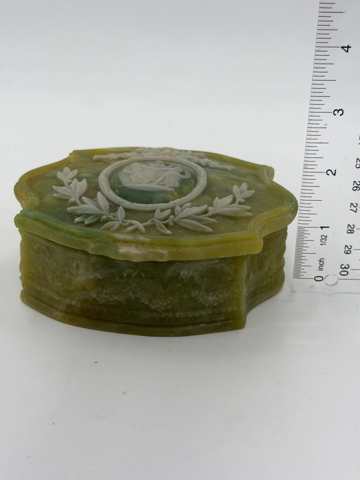 Vintage Incolay Stone Green Victorian Dancers Jewelry Trinket Box 5 x 4 x 2" USA
