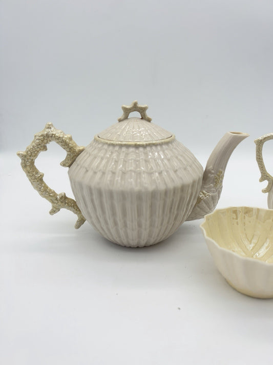 Belleek Ireland Limpet Shell Pattern Teapot Creamer &sugar Bowl 2nd Green Mark