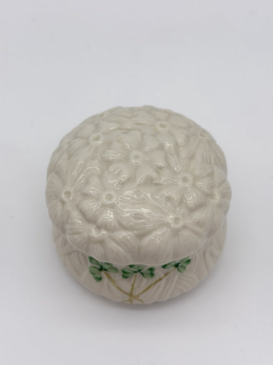 Belleek Ireland Porcelain Daisy Shamrock Lidded Trinket Box Embossed Vintage 3”