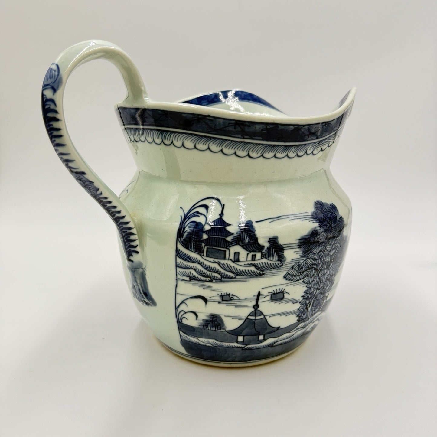 Antique Chinese Blue & White Canton Export Porcelain Large Pitcher 9”H x12” L