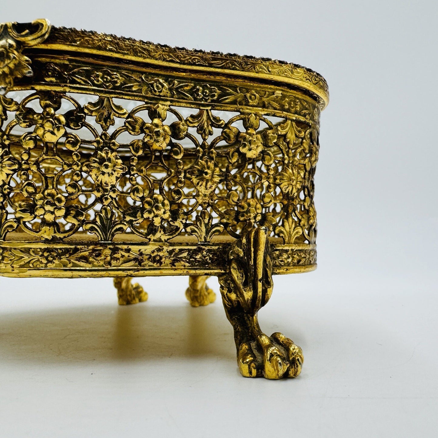 French Beveled Glass Gold Filigree Ormolu Jewelry Casket Box Claw Foot Vintage
