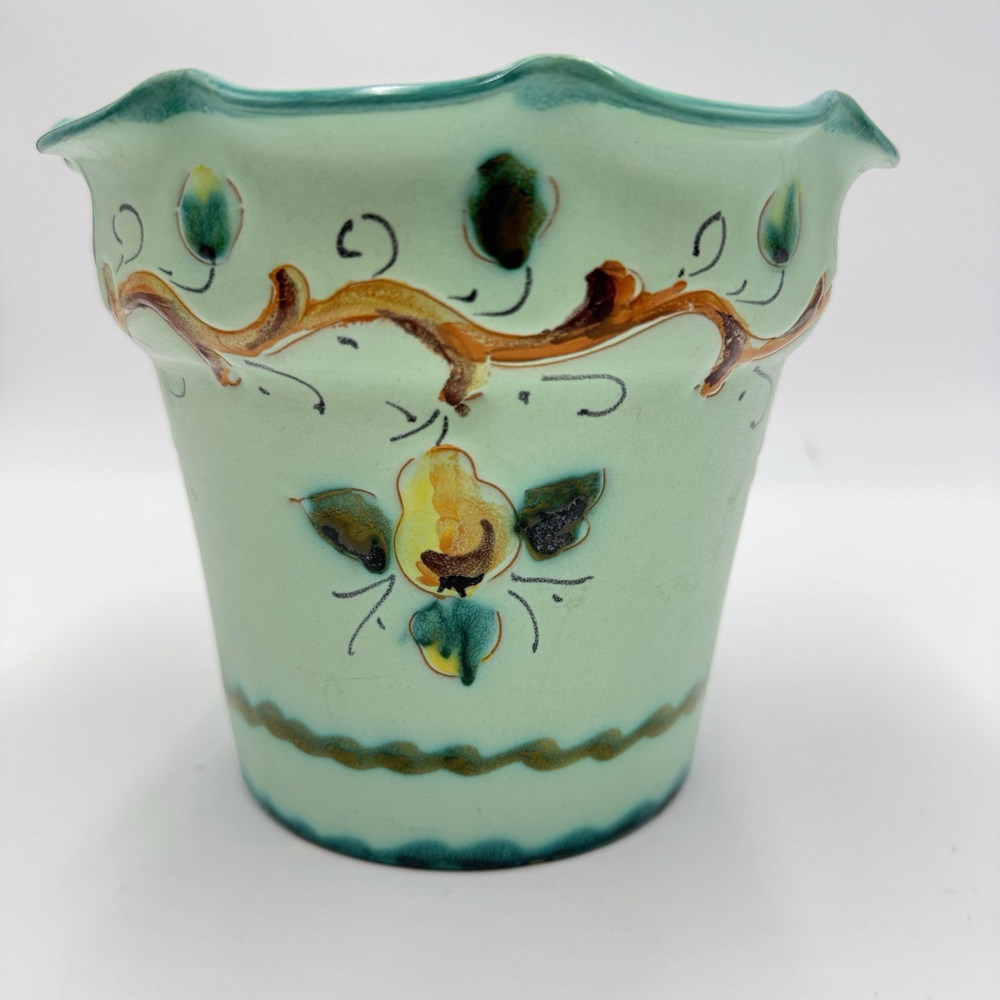 Vintage 1983 KBNY Art Pottery Italy Hand Painted # 1554/150 Green Planter 5”x6”