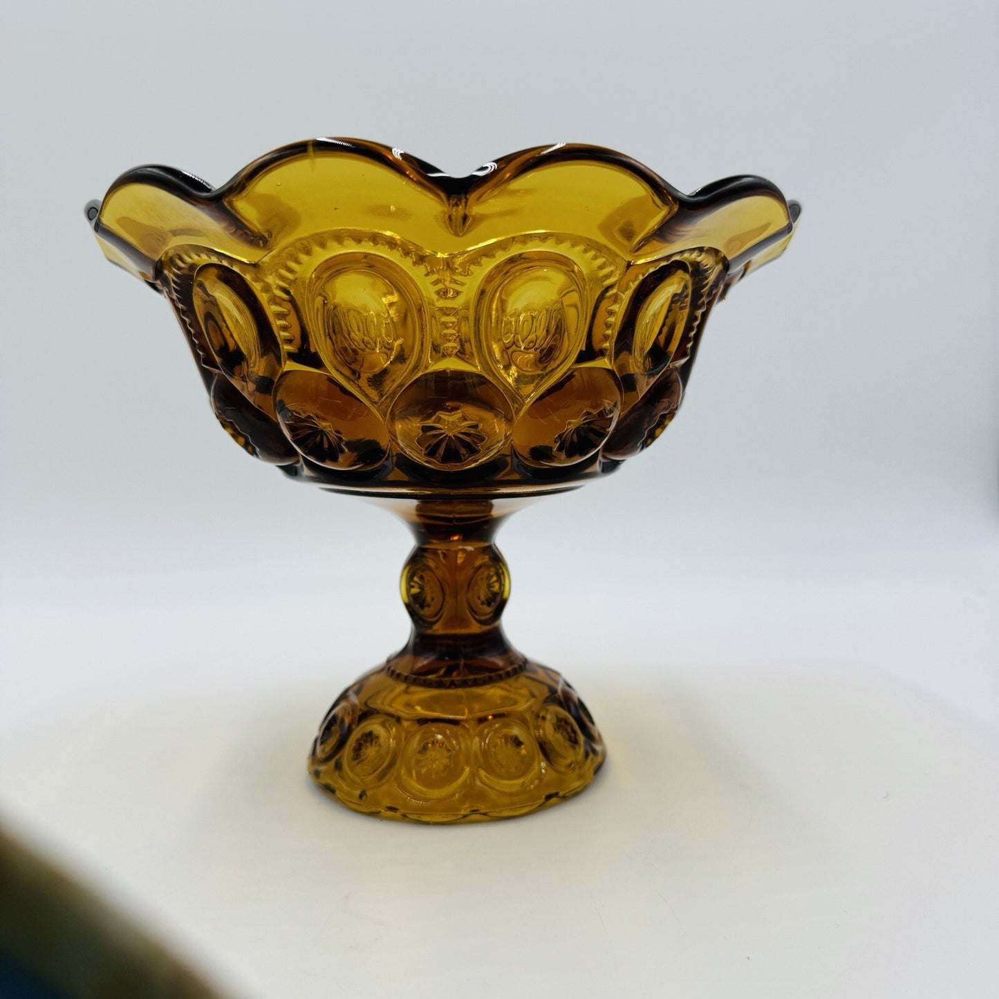 L.E. Smith Moon & Stars Amber Art Glass Pedestal Candy Bowl Dish 7in x 8in