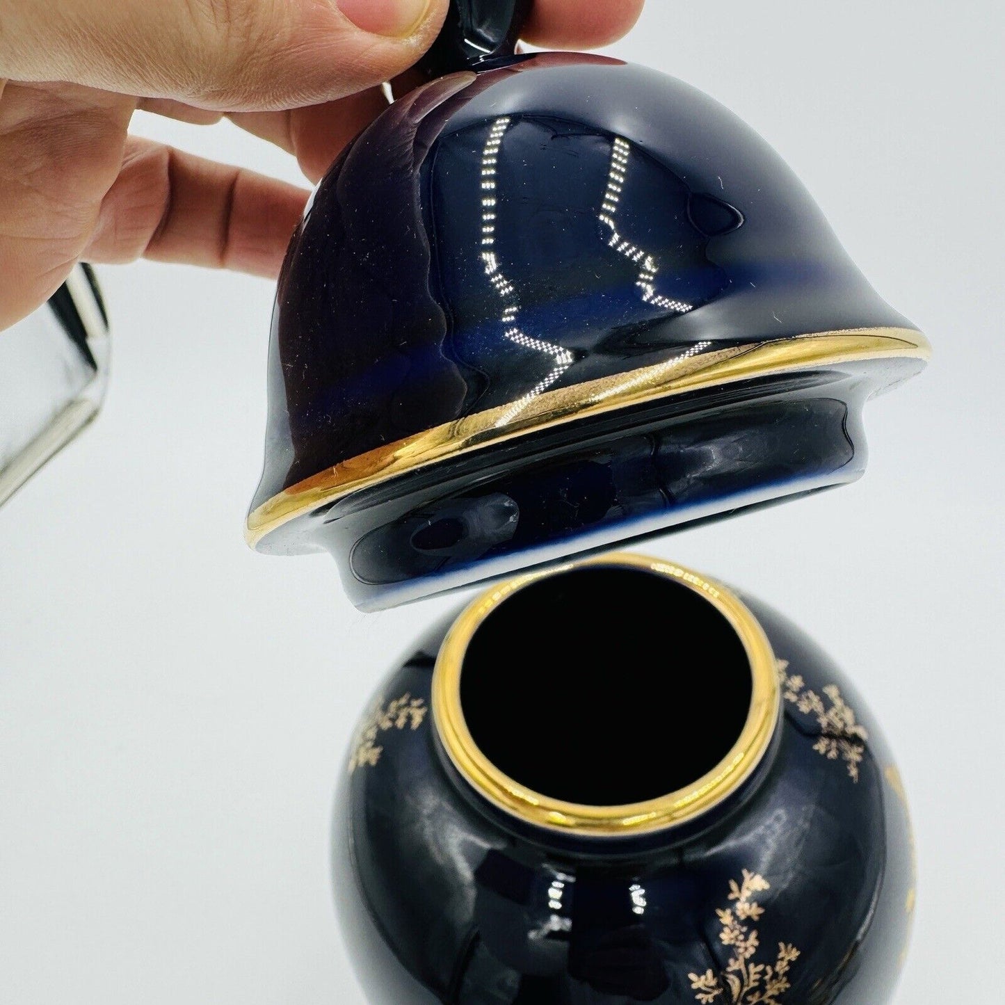 Limoges France Cobalt Blue Urn W/ Lid courting couple porcelain 9.5” Gold Trim