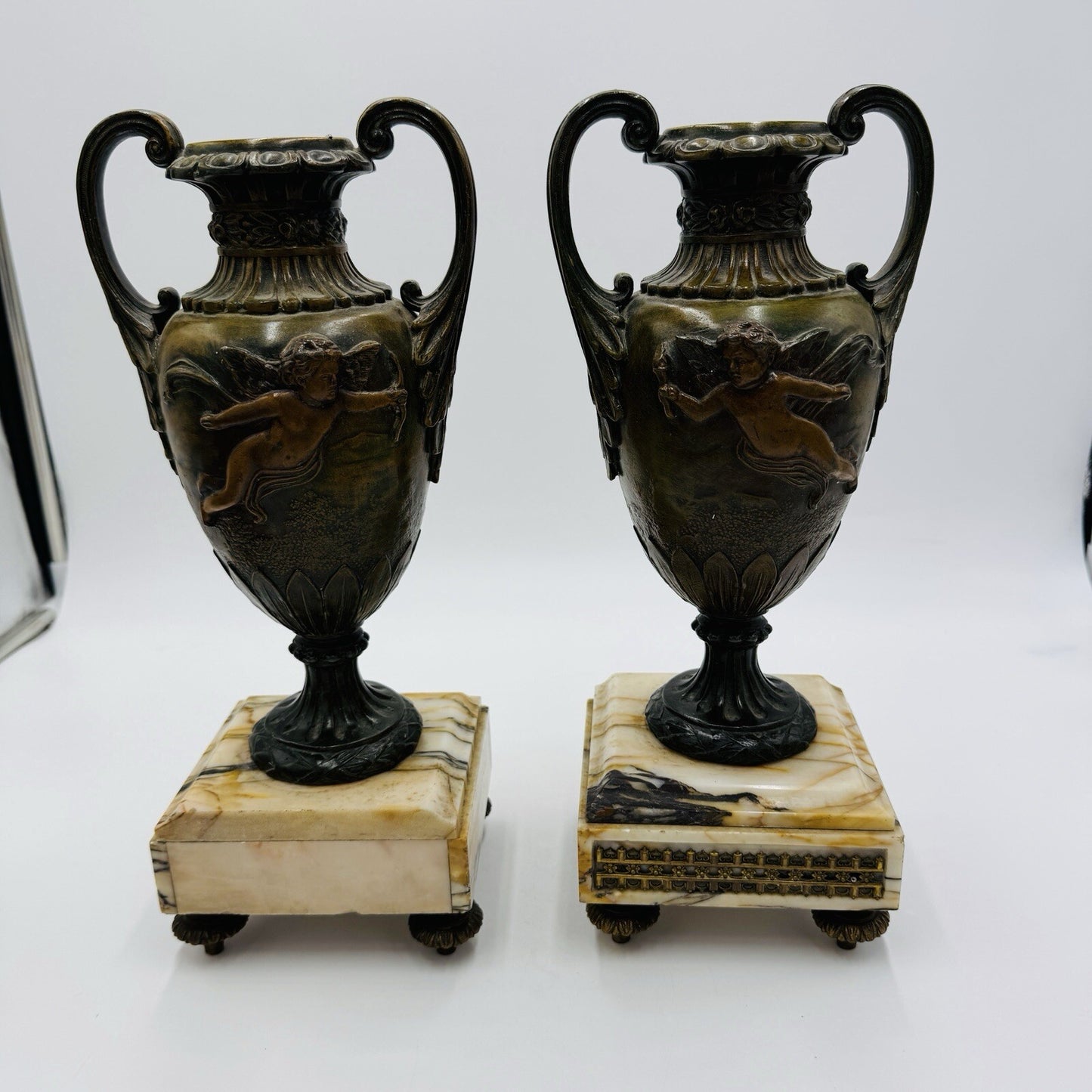 French metal vases rare 1800s Chateau ornate chimney cherubs marble base 13.5in