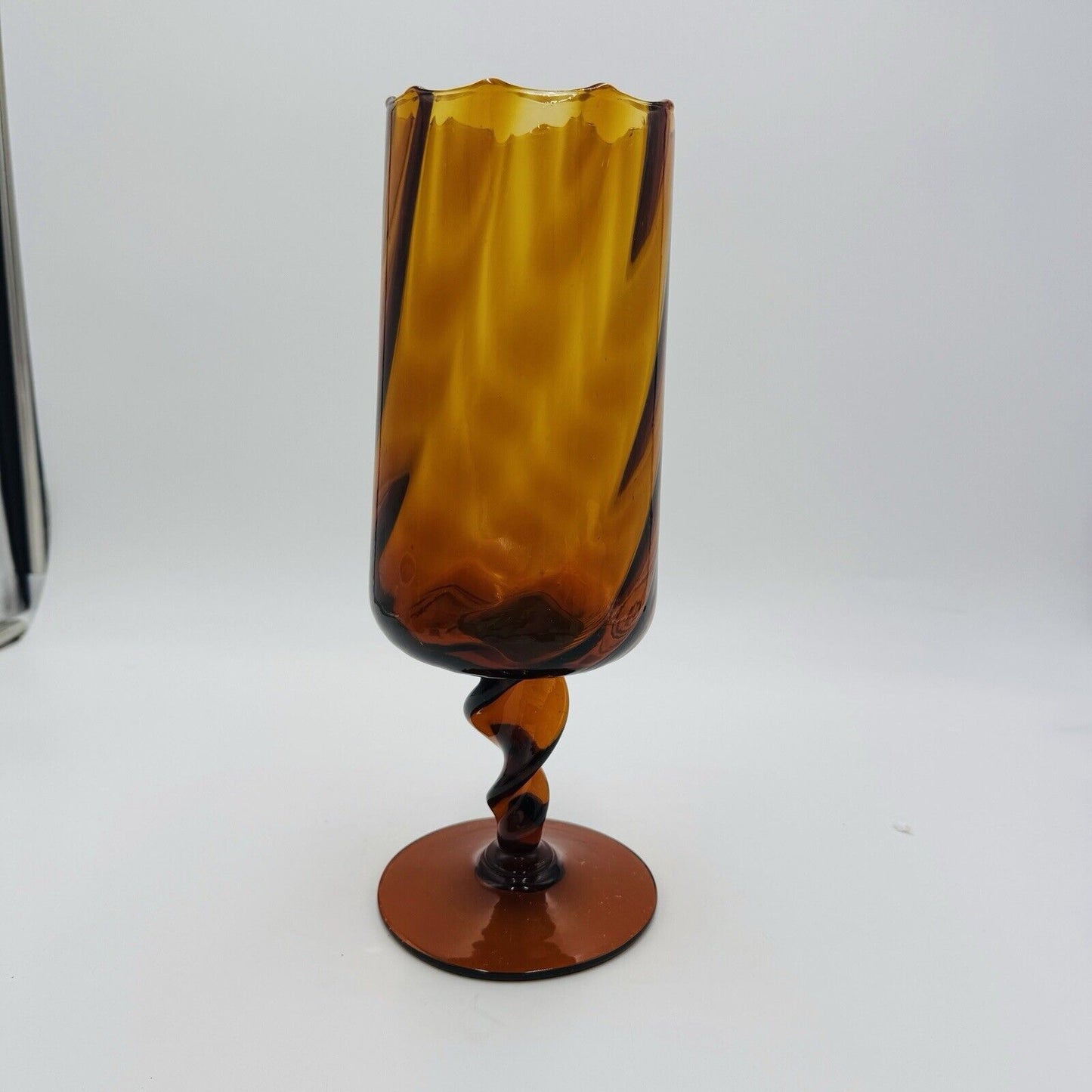 MCM Empoli Art Glass Italy Amber Optic Footed Twisted Swirl Stem Vase Compote