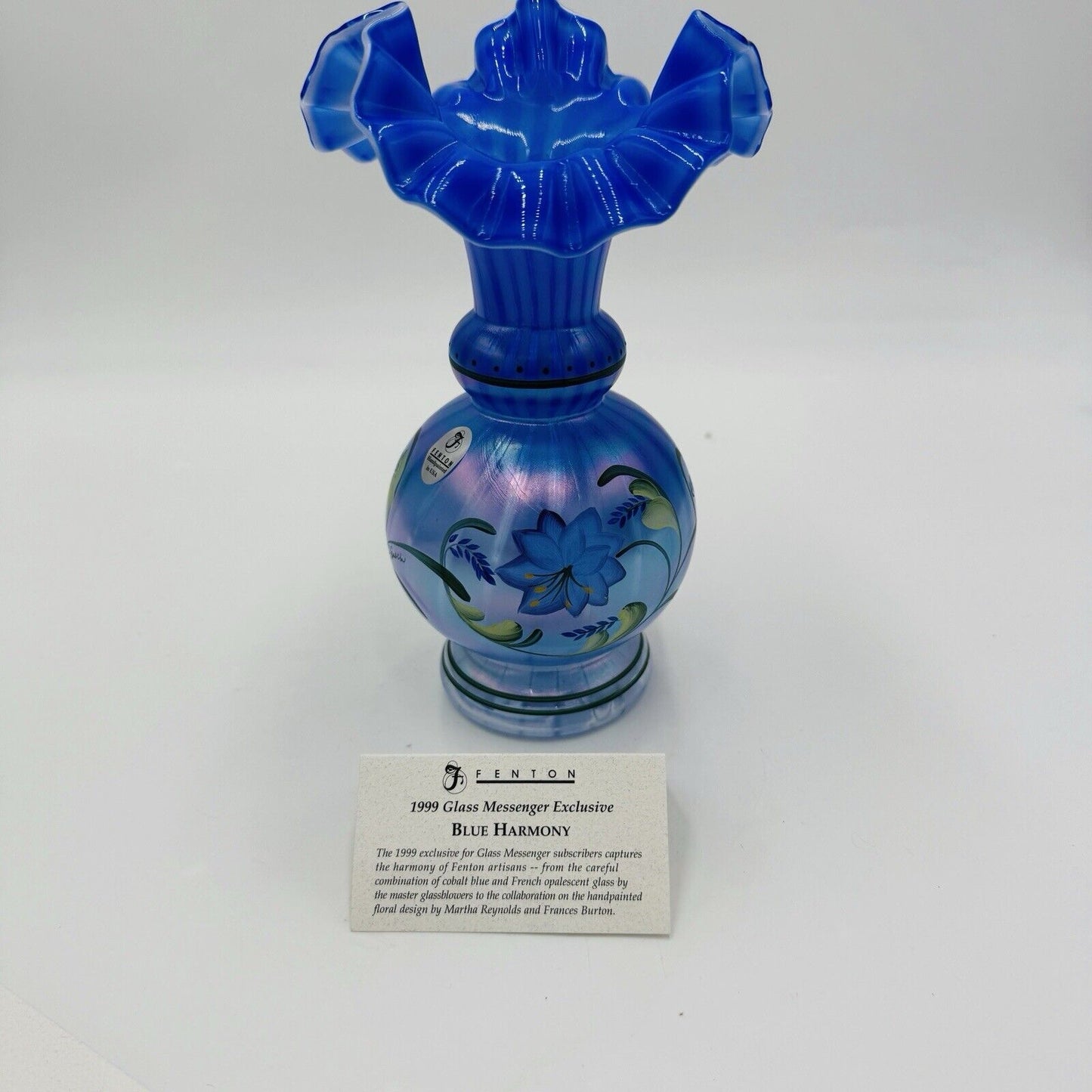 Fenton Art Glass 1999 Messenger Exclusive Blue Harmony Vase Signed Dan Fenton