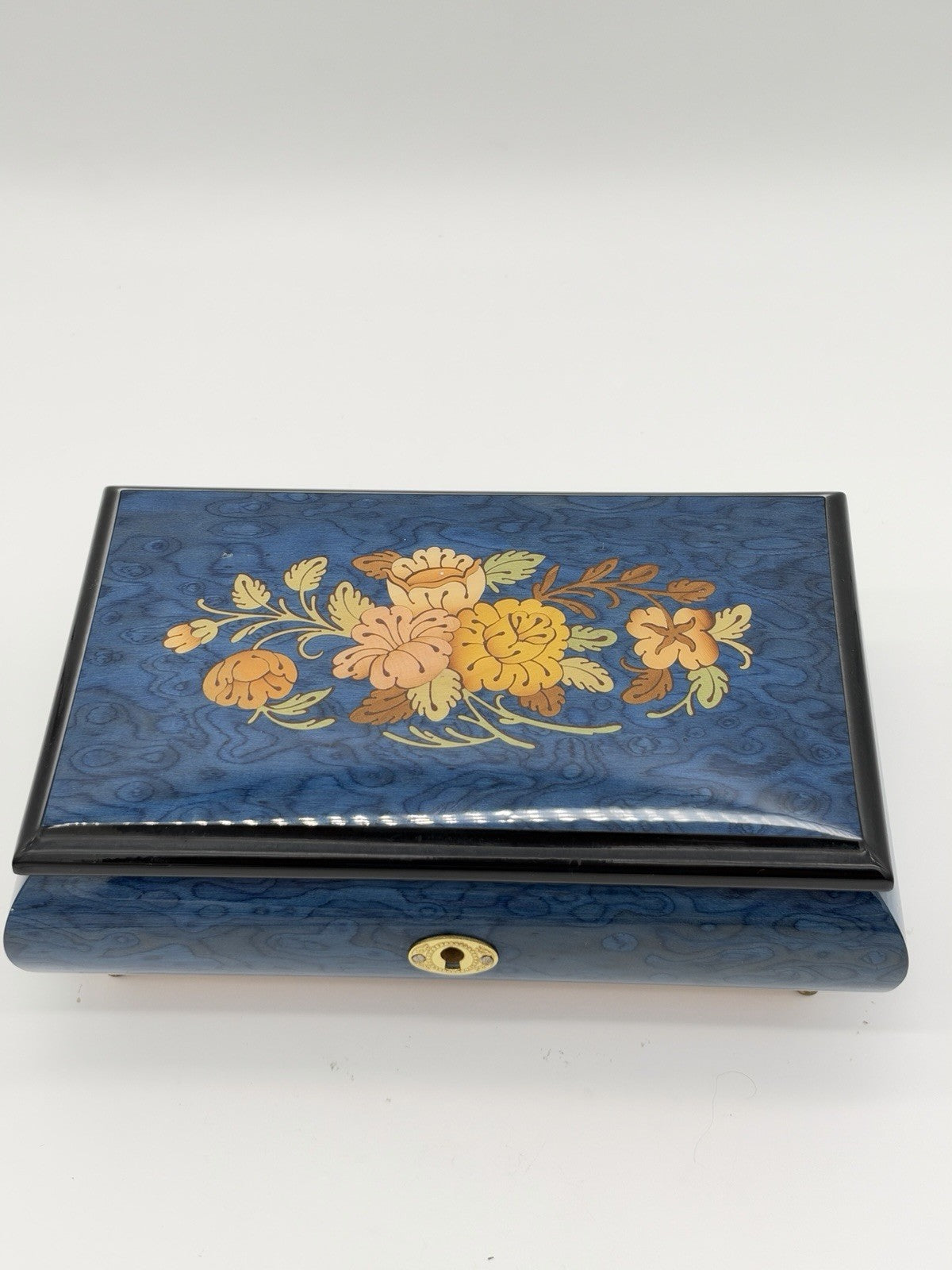 Sorrento Italy Blue Floral Inlay Wooden Music Box Plays Memorie Cats Works