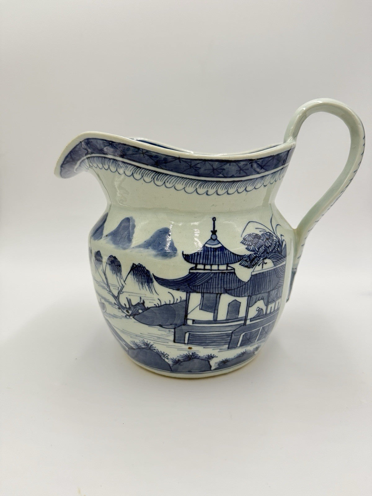 Antique Chinese Blue & White Canton Export Porcelain Large Pitcher 9”H x12” L