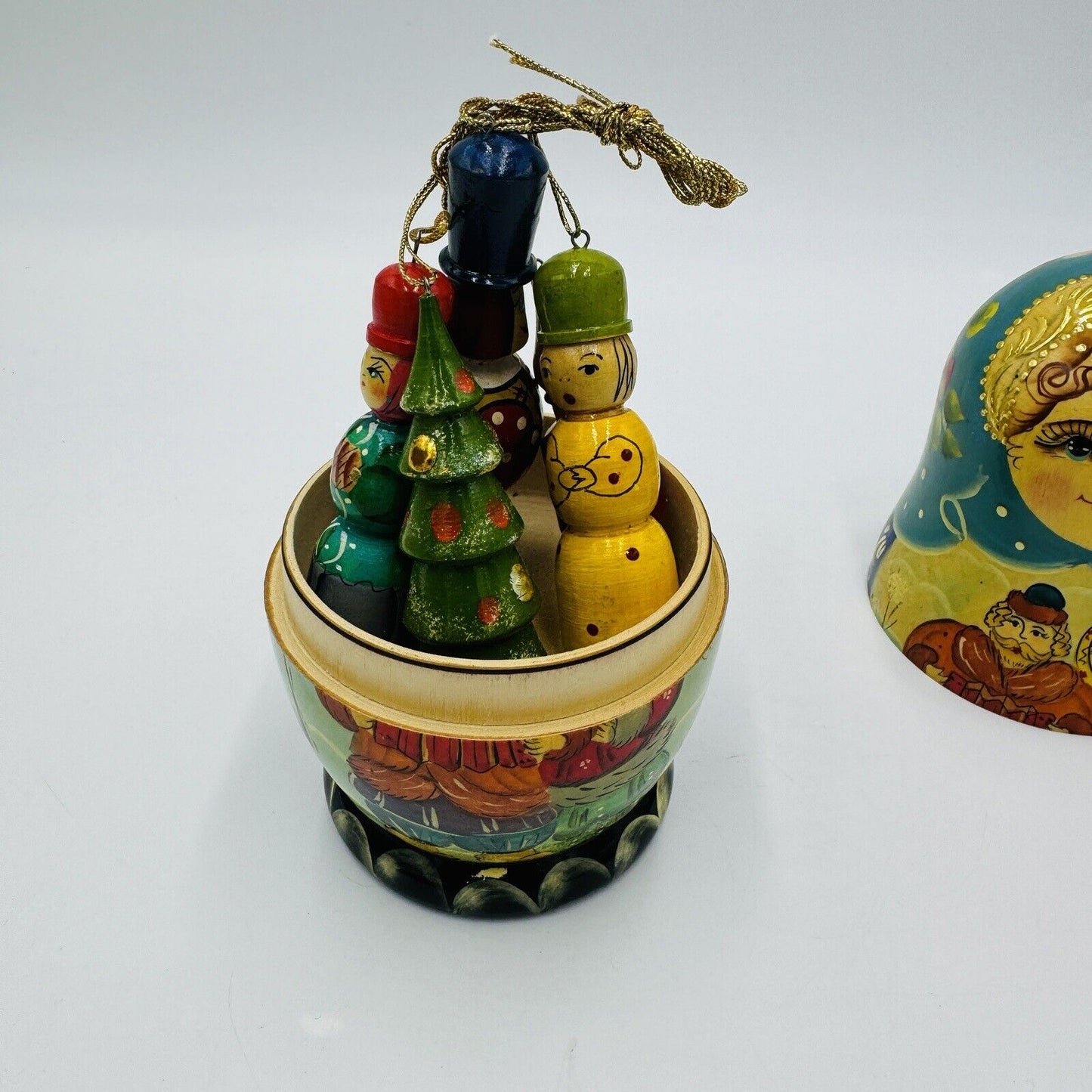 Vintage Matryoshka Nesting Doll with 5 Christmas Ornaments Handpainted 6in