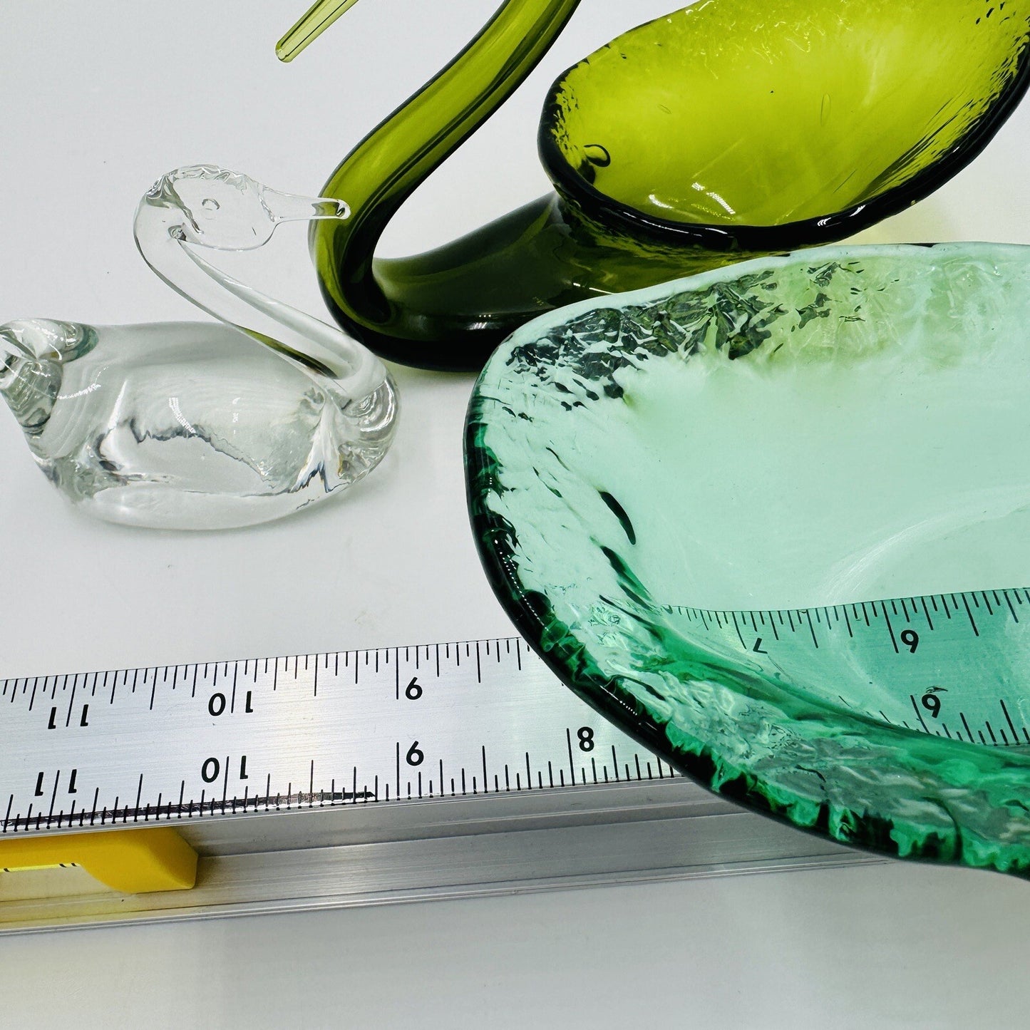 Viking Swan Figurines Art Glass Green Avocado Clear Vintage MCM Set 3 Pieces