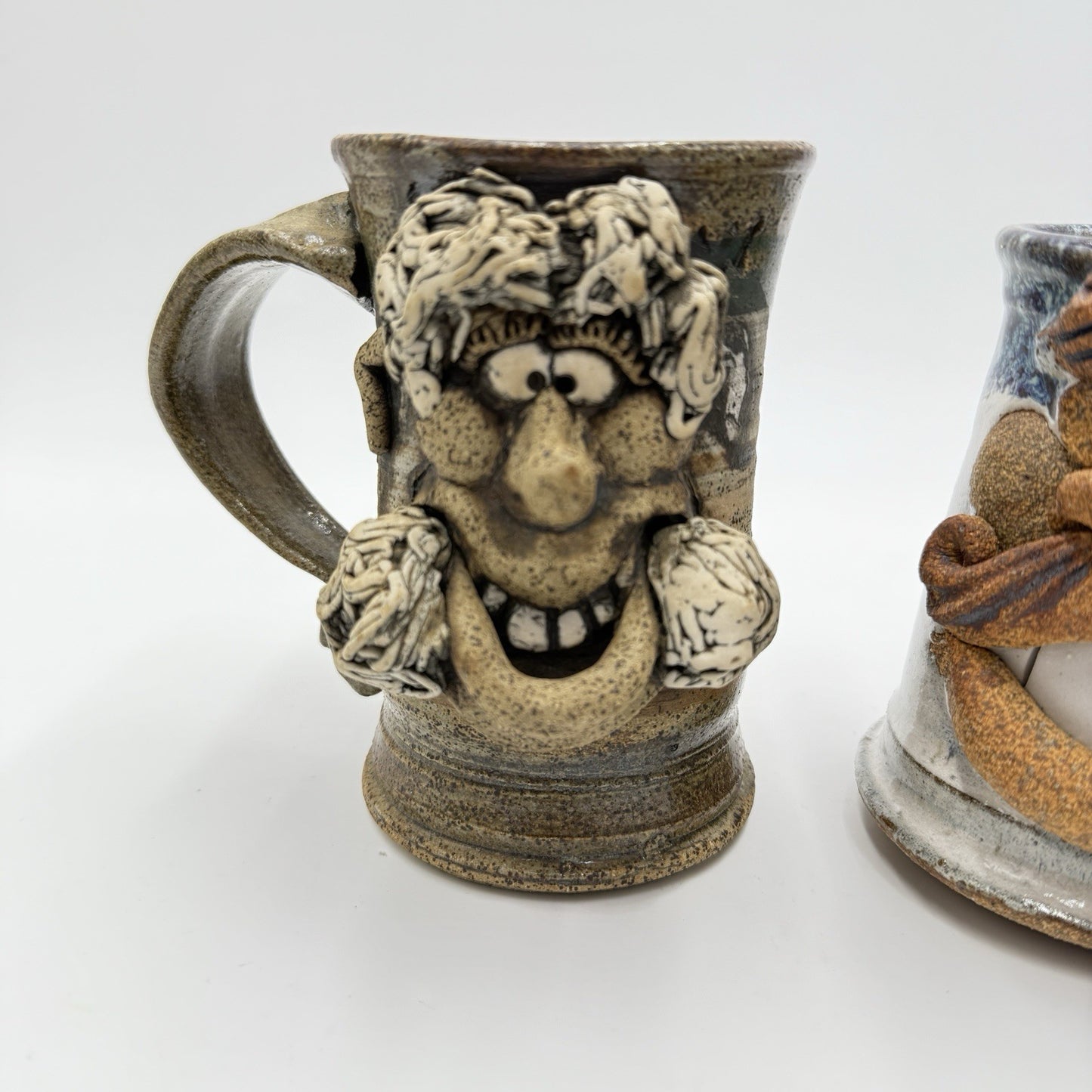 Pair Ugly Face Studio Art Pottery Drip 5” Blue Gray Coffee Mug Stoneware Handmad