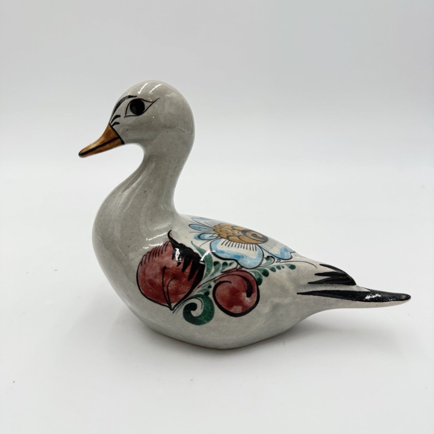 Noe Suro Mexican Folk Art Pottery Clay Floral Painted Duck Vintage Figurine